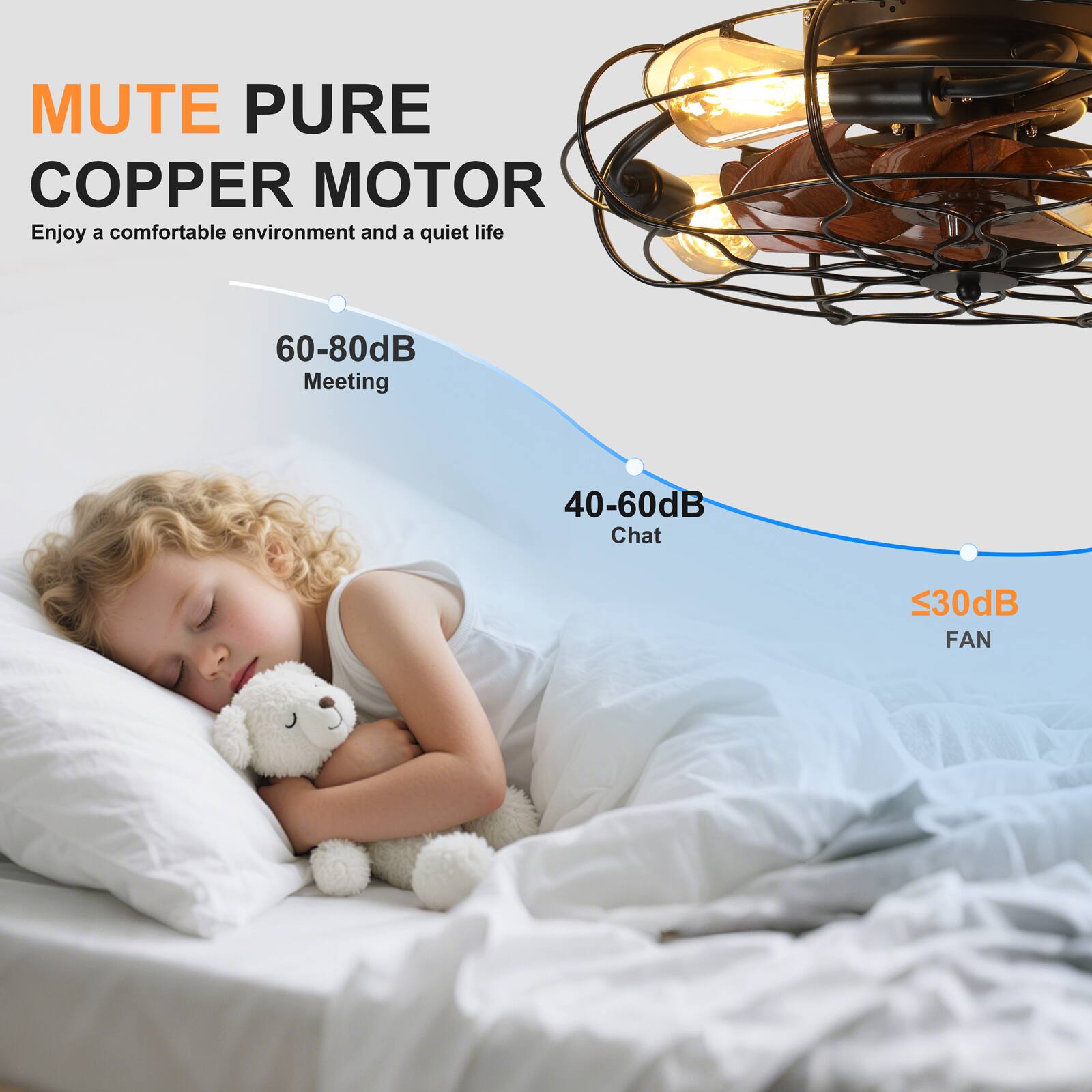 MUTE PURE COPPER MOTOR  
Enjoy a comfortable environment and a quiet life  

60-80dB  
Meeting  

40-60dB  
Chat  

<30dB  
FAN