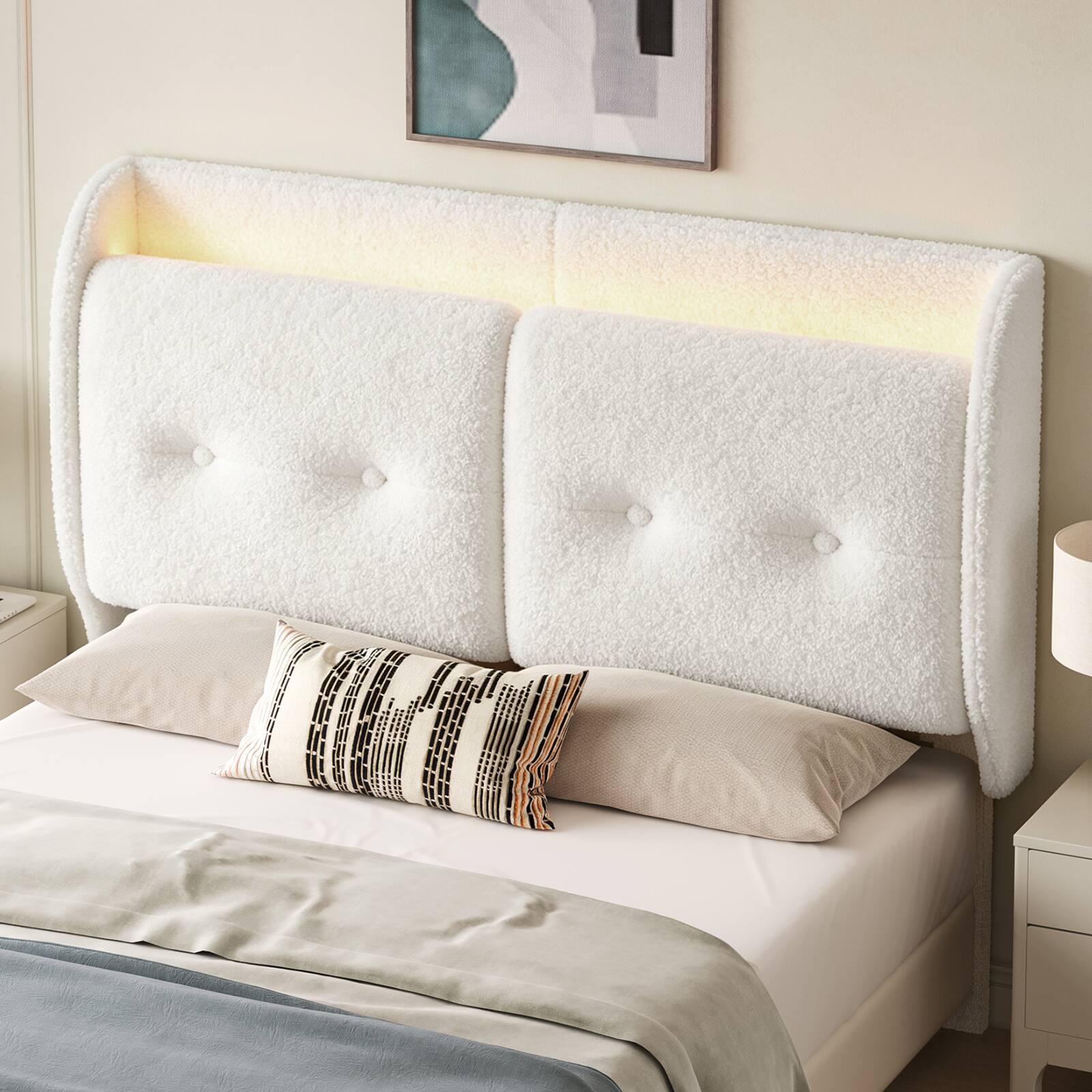 Angle. Pinmoco - LED Upholstered Headboard with Storage Shelves, USB Ports - Off-white.