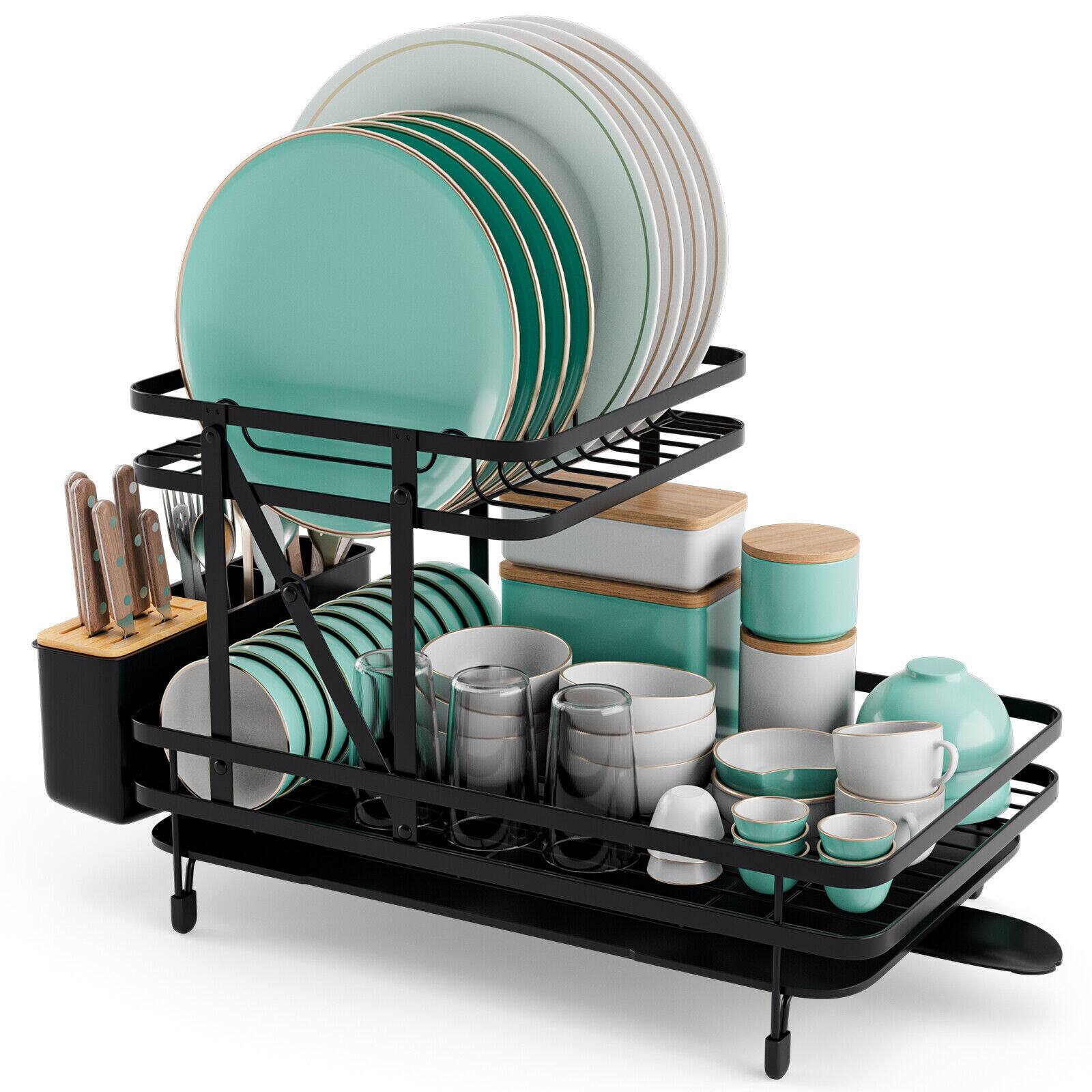 Back. SlickBlue - 2-Tier Collapsible Dish Rack with Removable Drip Tray for Kitchen Counter - Black.