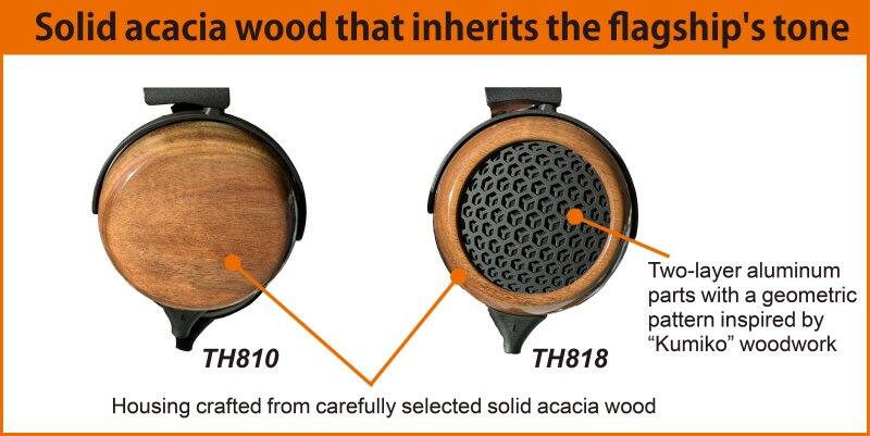 Solid acacia wood that inherits the flagship's tone

TH810

Two-layer aluminum parts with a geometric pattern inspired by "Kumiko" woodwork

TH818

Housing crafted from carefully selected solid acacia wood