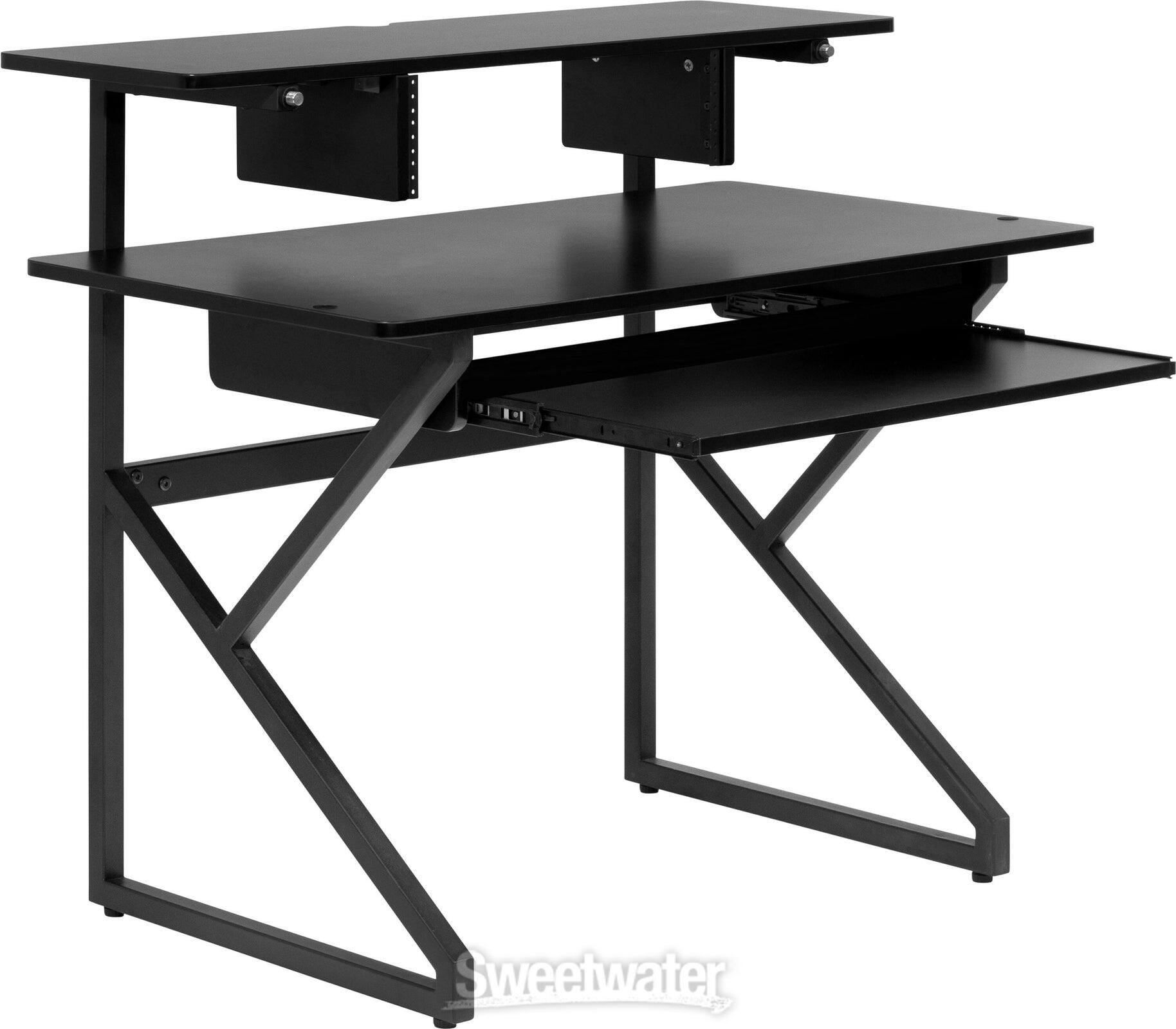 Angle. Gator Frameworks - Content Creator Furniture Series Desk Set with Main Desk, Corner Section, and 12U Studio Rack Table.