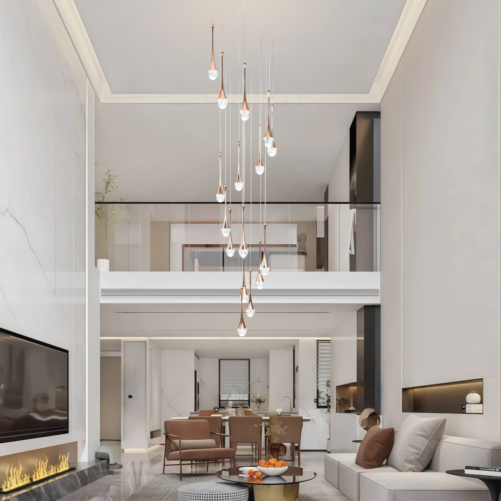 Alt View 1. RYHNUYNE - 16-Light Gold Large Modern Chandelier, Crystal Staircase Chandelier with Remote, Dimmable LED Raindrop Lighting Chandeli - Gold.