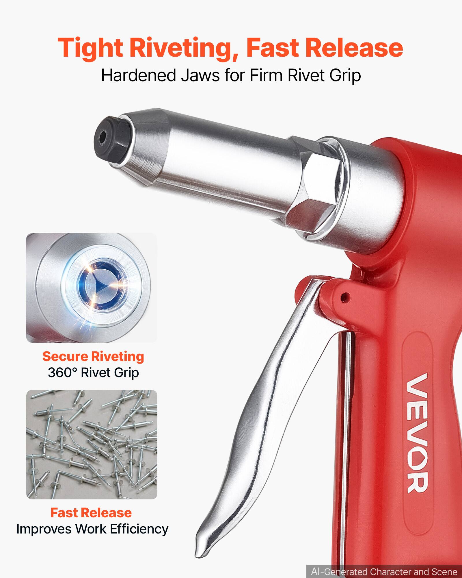 Tight Riveting, Fast Release  
Hardened Jaws for Firm Rivet Grip  

Secure Riveting  
360° Rivet Grip  

Fast Release  
Improves Work Efficiency  

VEVOR  

AI-Generated Character and Scene