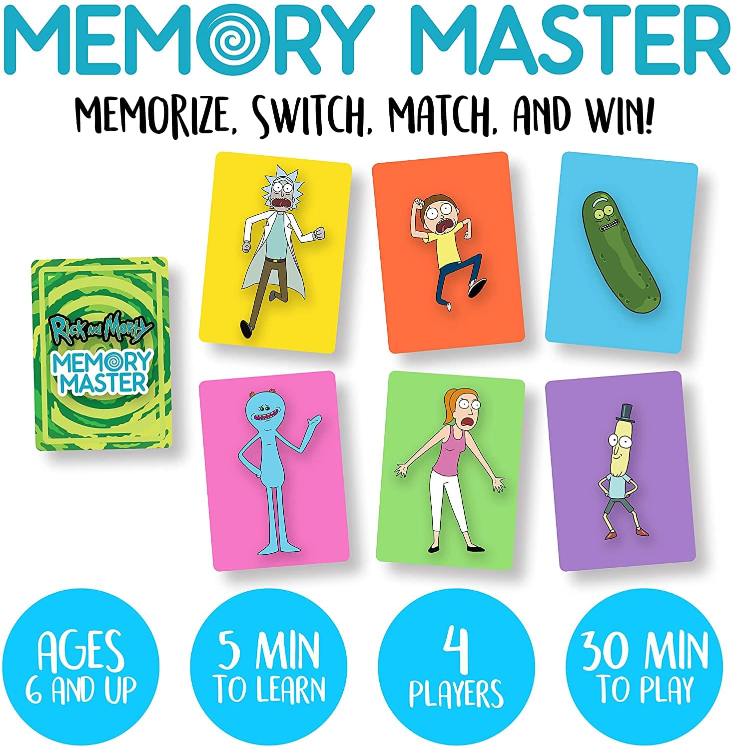 MEMORY MASTER  
MEMORIZE, SWITCH, MATCH, AND WIN!  

MEMORY MASTER - AGES 6 AND UP  
5 MIN TO LEARN  
4 PLAYERS  
30 MIN TO PLAY