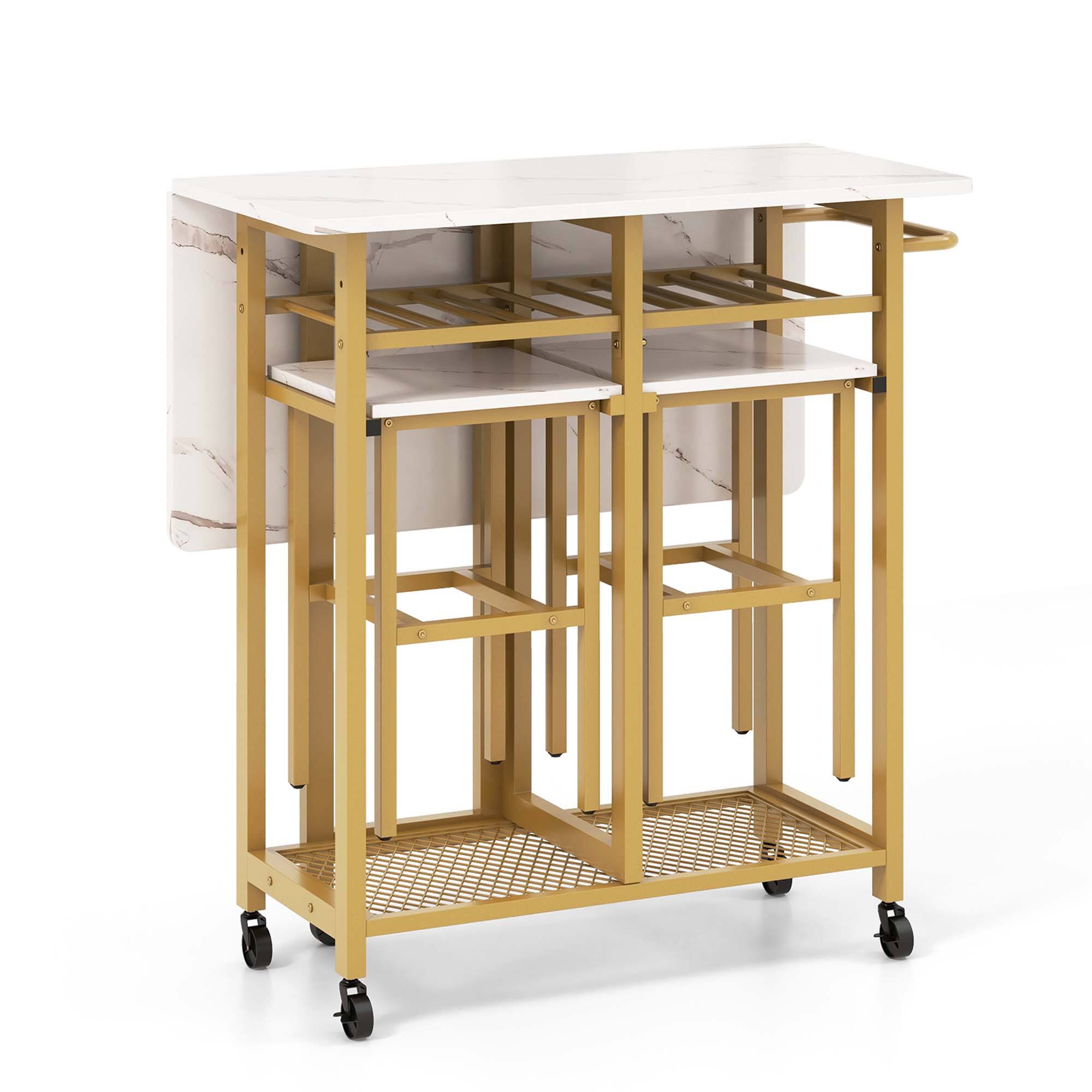 Alt View 17. Costway - 3 PCS Rolling Dining Table Set Extendable Kitchen Table 2 Stools with Wine Rack White - White and Golden.