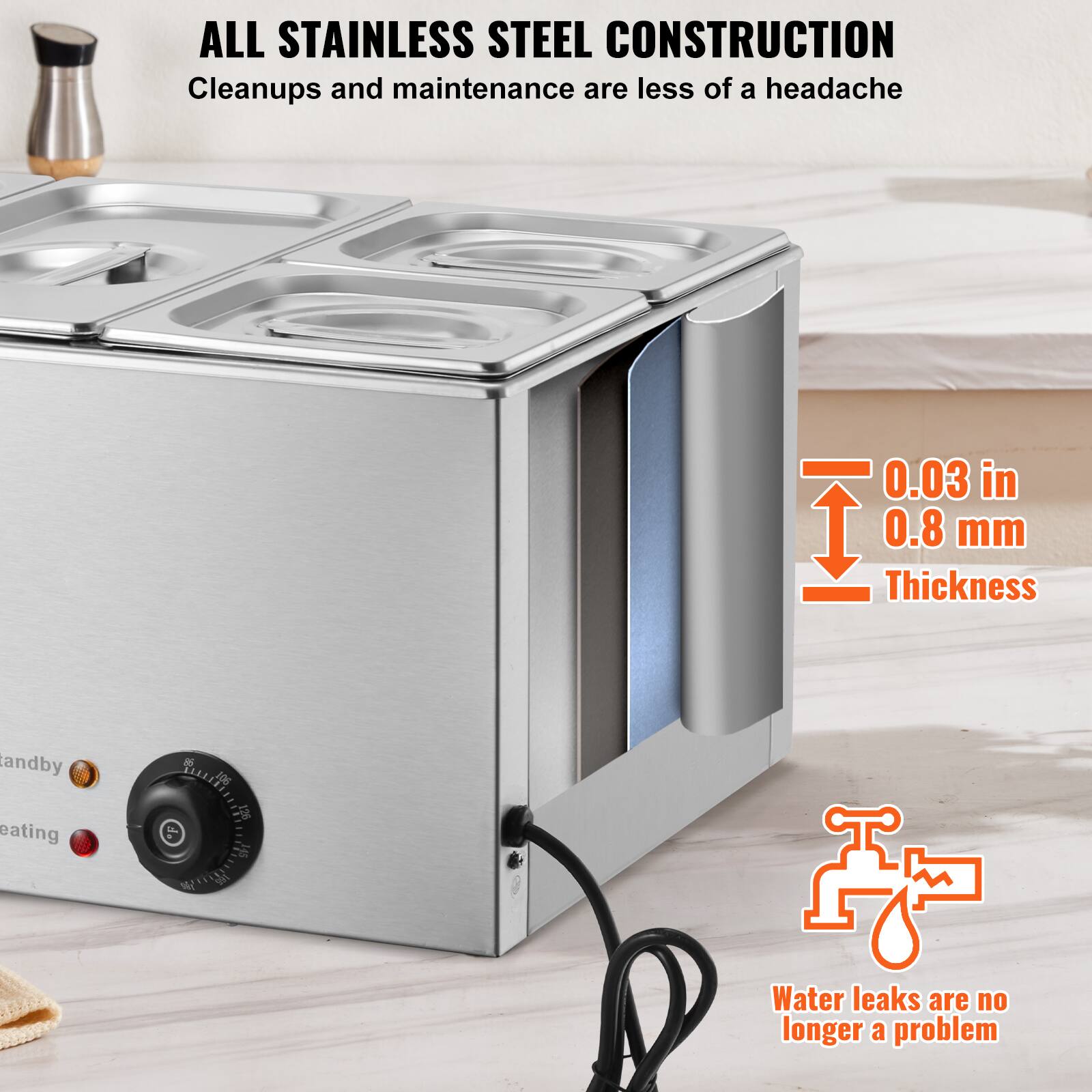 ALL STAINLESS STEEL CONSTRUCTION  
Cleanups and maintenance are less of a headache  

0.03 in  
0.8 mm  
Thickness  

Water leaks are no longer a problem