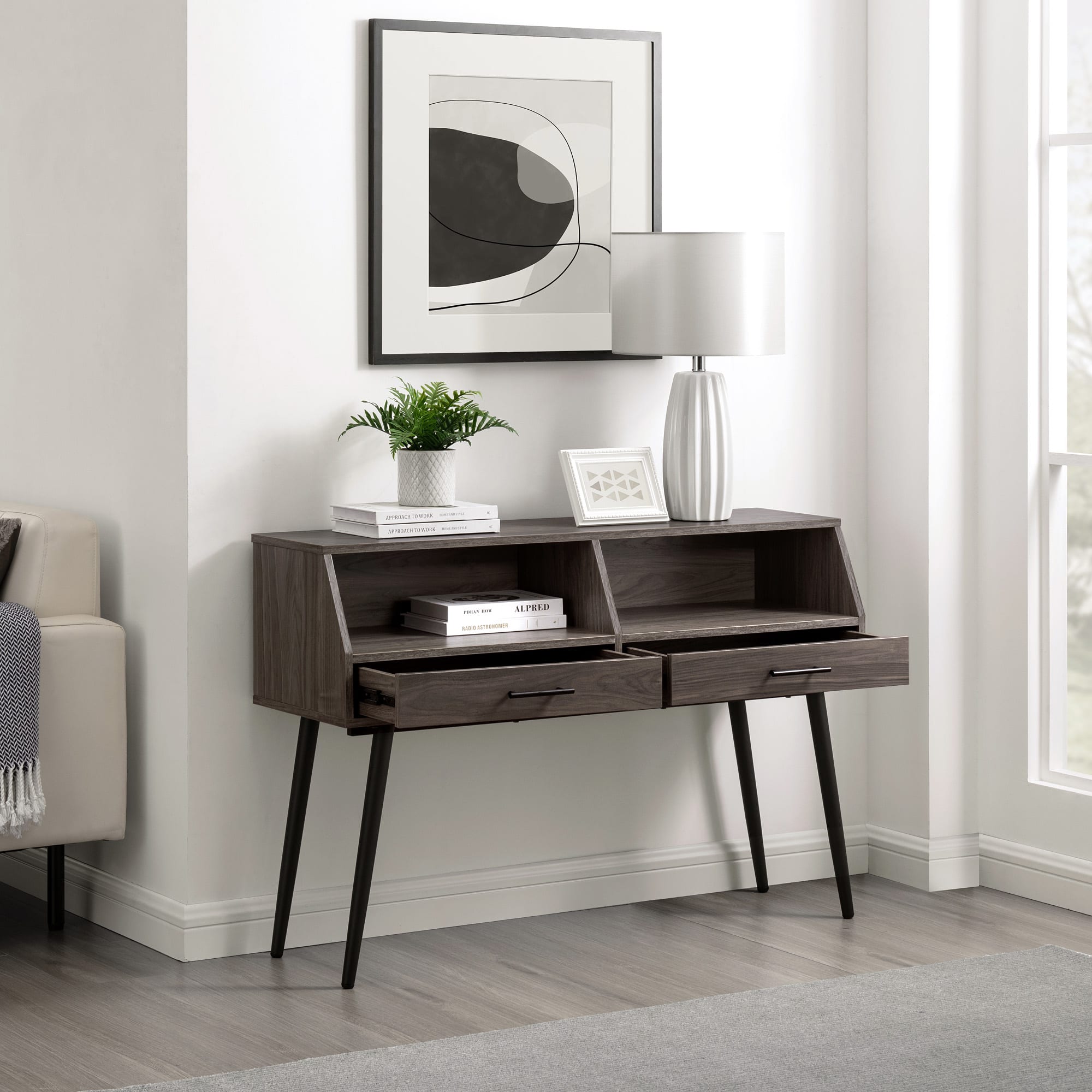 Alt View 16. Walker Edison - Contemporary 2-Drawer Entry Table with Glass Shelves - Stale Grey/Black.