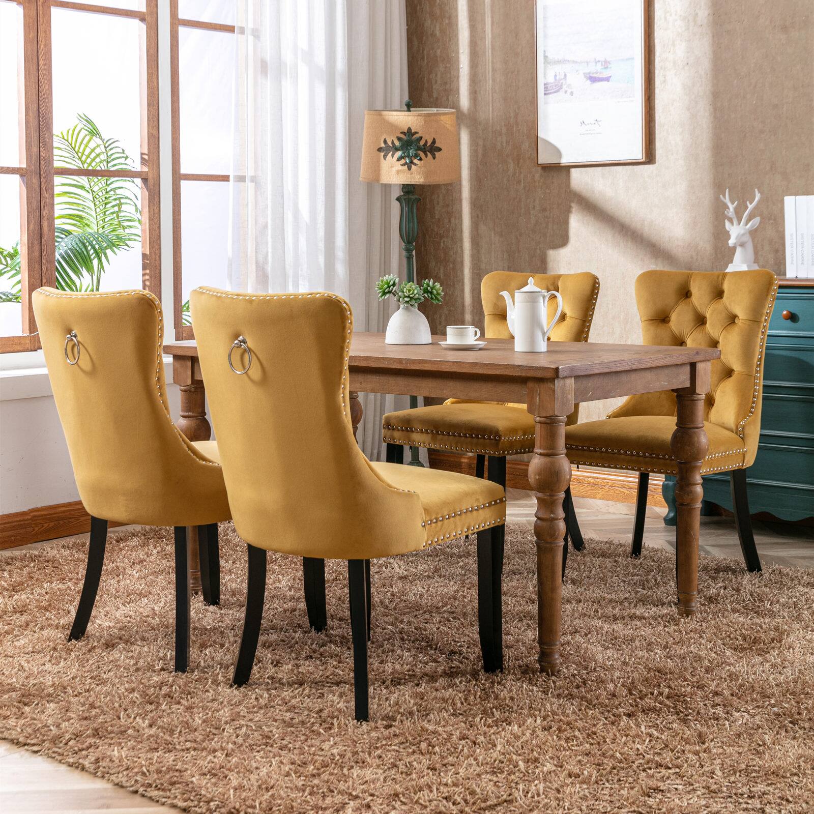 Back. Z-Edge - Velvet Dining Chairs Set of 2, Upholstered High-end Tufted Dining Room Chair with Nailhead Back Ring Pull Trim Wood Legs - Gold.