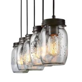 Stock Preferred - Modern 5-Light Hanging Pendant Ceiling Lamp Chandelier with Glass Mason Jar Shades - Clear Glass Shades