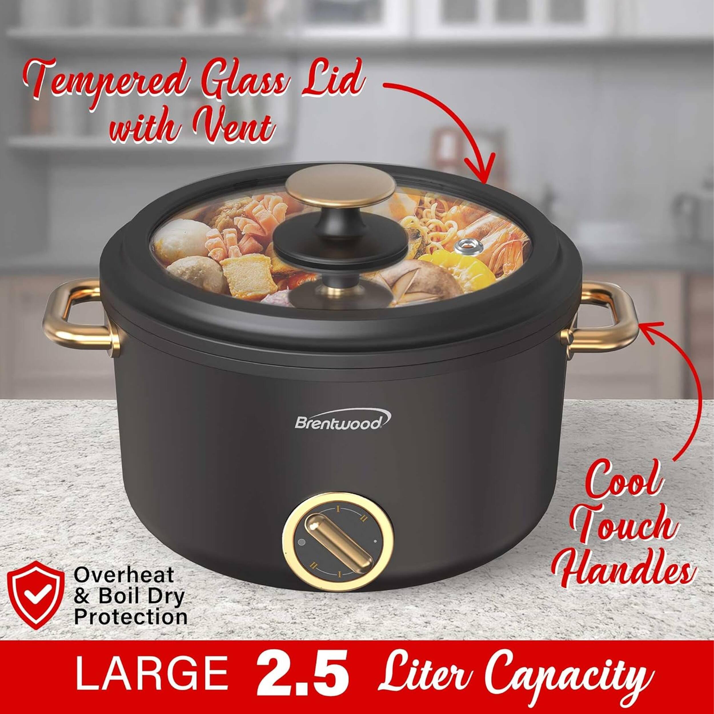 Tempered Glass Lid with Vent  
Brentwood Cool Touch Handles & Overheat & Boil Dry Protection  
LARGE 2.5 Liter Capacity