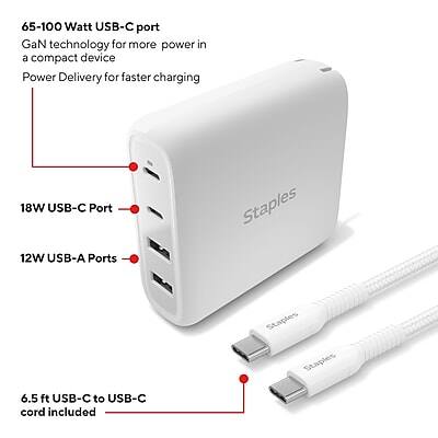 65-100 Watt USB-C port  
GaN technology for more power in a compact device  
Power Delivery for faster charging  

18W USB-C Port  
12W USB-A Ports  

6.5 ft USB-C to USB-C cord included