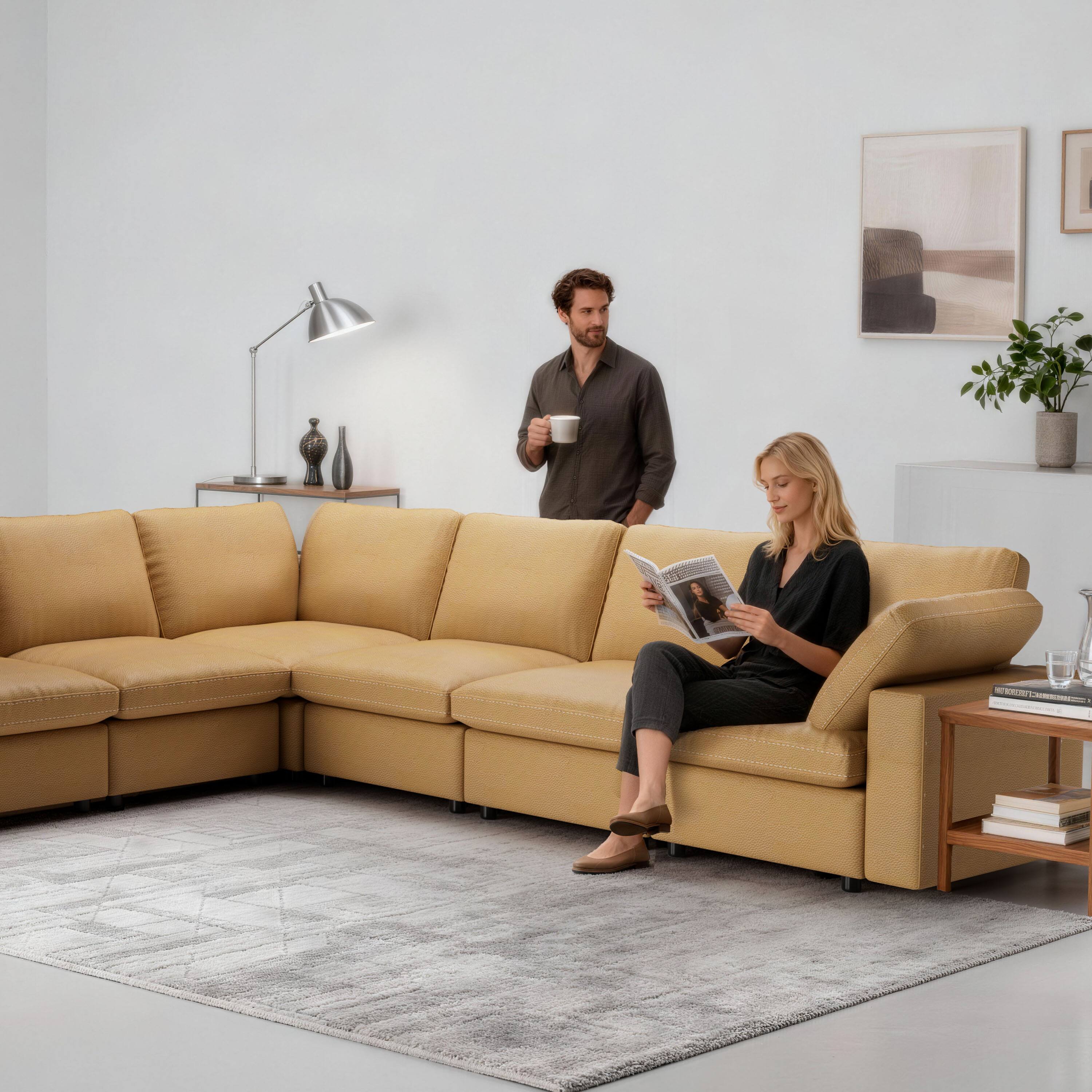 Left. Dyonery - Dyonery new cat scratch leather sofa, 7-seater, 130-inch oversized sofa, solid wood legs - Yellow.
