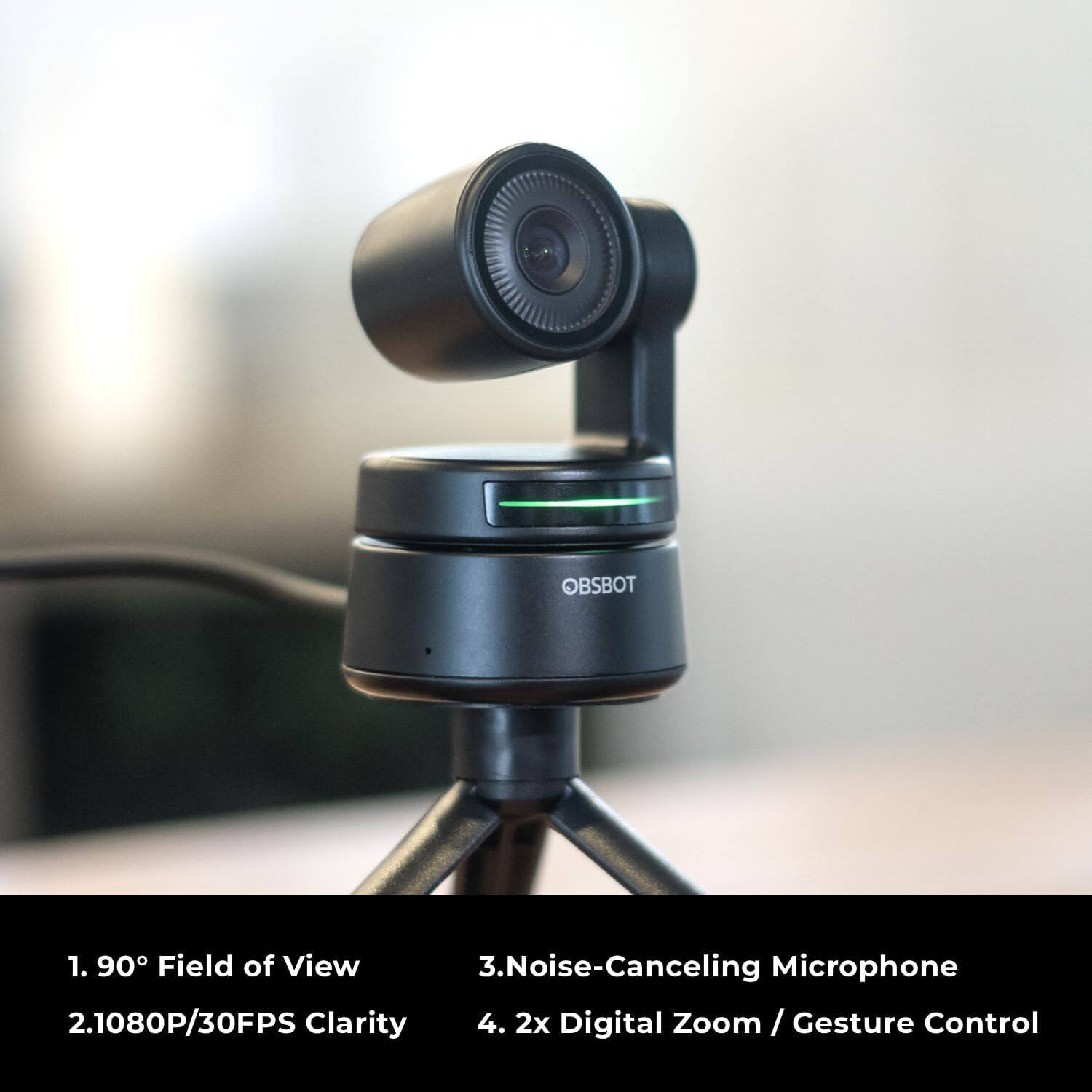 1. 90° Field of View  
2. 1080P/30FPS Clarity  
3. Noise-Canceling Microphone  
4. 2x Digital Zoom / Gesture Control