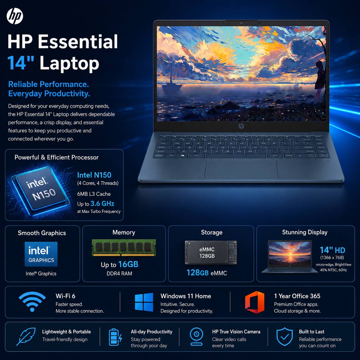 HP Essential 14" Laptop

Reliable Performance. Everyday Productivity.

Designed for your everyday computing needs, the HP Essential 14" Laptop delivers dependable performance, a crisp display, and essential features to keep you productive and connected wherever you go.

- Powerful & Efficient Processor
  - Intel N150
  - (4 Cores, 4 Threads)
  - 6MB L3 Cache
  - Up to 3.6 GHz at Max Turbo Frequency

- Smooth Graphics
  - Intel Graphics

- Memory
  - Up to 16GB DDR4 RAM

- Storage
  - 128GB eMMC

- Stunning Display
  - 14" HD (1366 x 768)
  - micro-edge, BrightView
  - 45% NTSC, 60Hz

- Wi-Fi 6
  - Faster speed. More stable connection.

- Windows 11 Home
  - Intuitive. Secure. Designed for productivity.

- 1 Year Office 365
  - Premium Office apps. Cloud storage & more.

- Lightweight & Portable
  - Travel-friendly design

- All-day Productivity
  - Stay powered