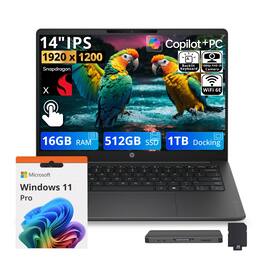 HP - Upgraded - OmniBook 3 14" WUXGA Touch Laptop,Snapdragon X X1-26-100,16GB LPDDR5,512GB SSD+1TB Dock Set,Backlit,Win 11 Pro - Black