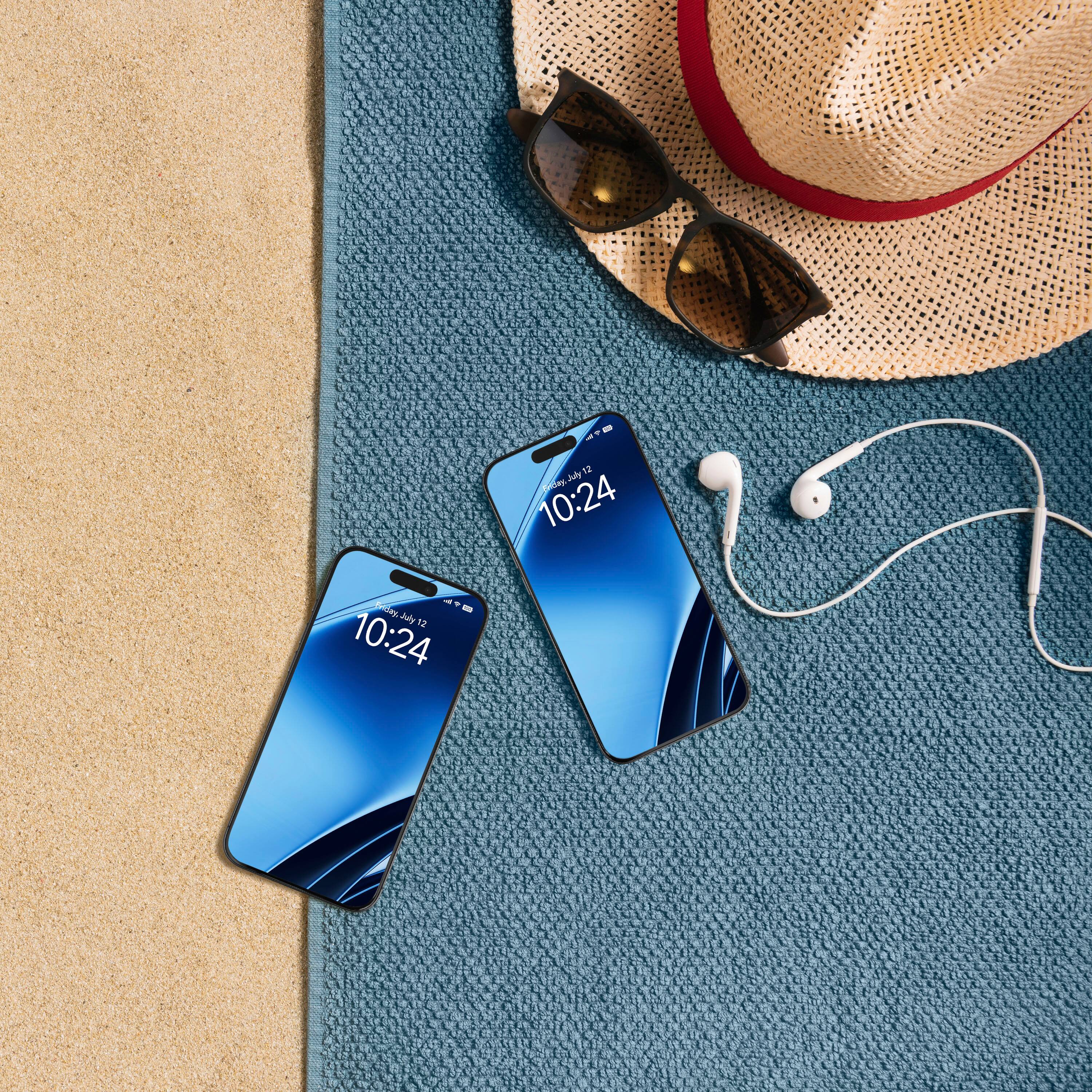 The image shows two cell phones placed on a blue blanket. The time displayed on the phones is 10:24.
