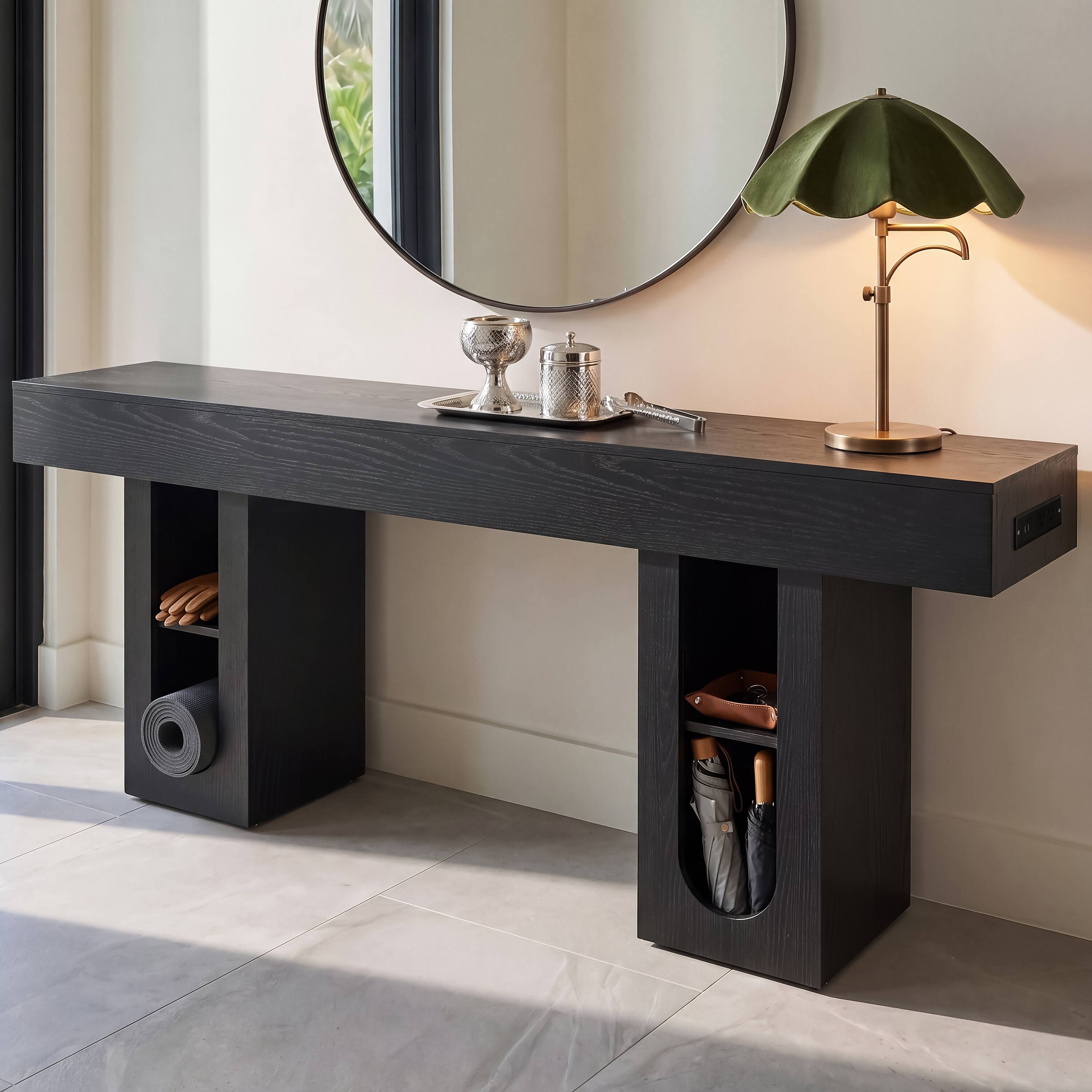 Left. Whisen - 71-Inch Long Console Table with Built-in Power Outlet and Adjustable Shelves-Black - Black.