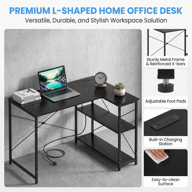 PREMIUM L-SHAPED HOME OFFICE DESK  
Versatile, Durable, and Stylish Workspace Solution  

- Sturdy Metal Frame & Reinforced X-bars  
- Adjustable Foot Pads  
- Built-in Charging Station  
- Easy-to-clean Surface