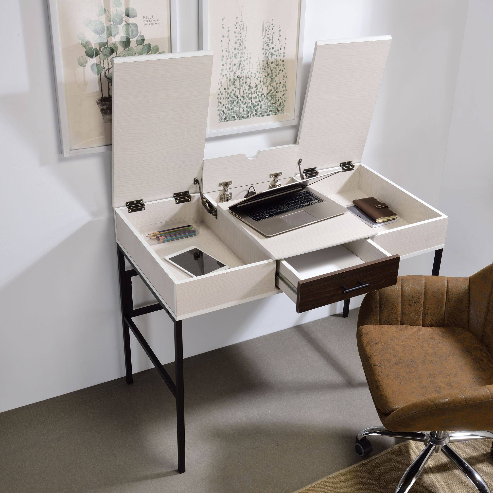 GOODSILO - Modern Writing Desk with USB Charging Port and Storage Drawer for Home Office Workspace - Black+Natural