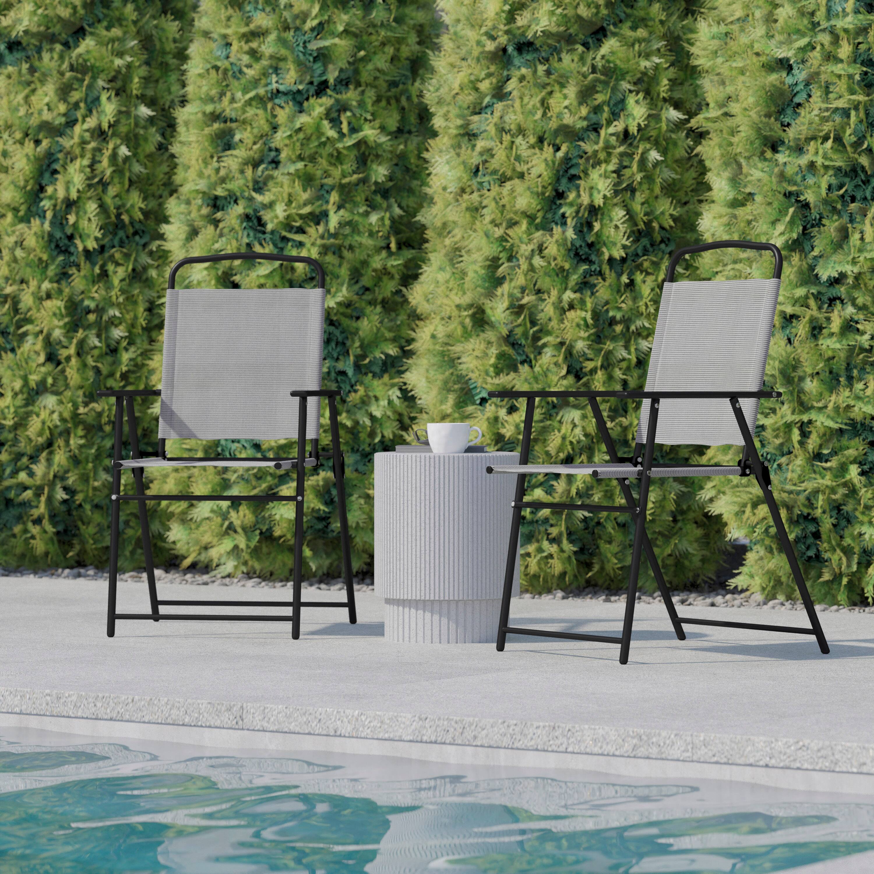 Alt View 4. Flash Furniture - Set of 2 Mystic Folding Patio Sling Chairs, Outdoor Textilene Lawn Chairs with Armrests in Gray - Gray.
