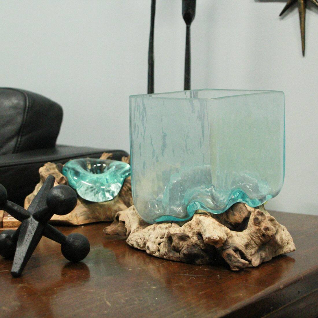 Alt View 5. Contrast Inc. - Teak Driftwood Glass Square Vase/Bowl - 8" High - Nature-Inspired Decor - Brown.