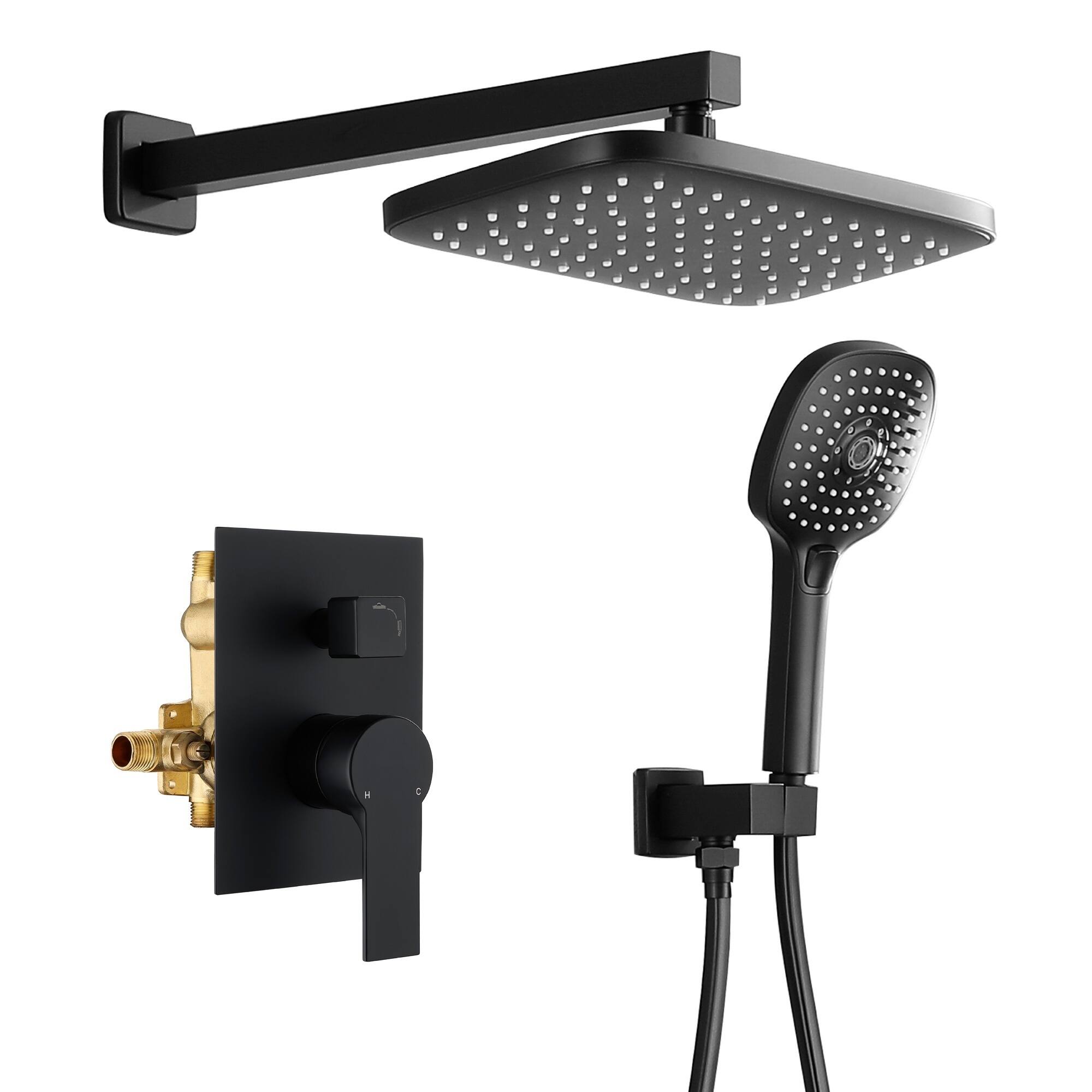 Front. Boyel Living - Matte Black Shower Set Brass SUS304 Valve Rectangular ABS Top Spray 3-Function Handheld 60-Inch PVC Hose cUPC - Black.