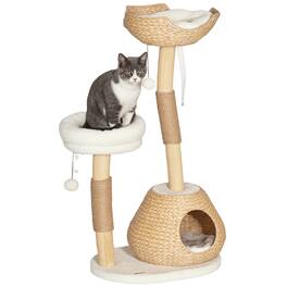 Pawhut - 41" Wooden Cat Tree for Indoor Cats, Tower with 2 Real Branch Scratching Posts, Condo, Beds & Toy Balls, Activity Center - Cream White
