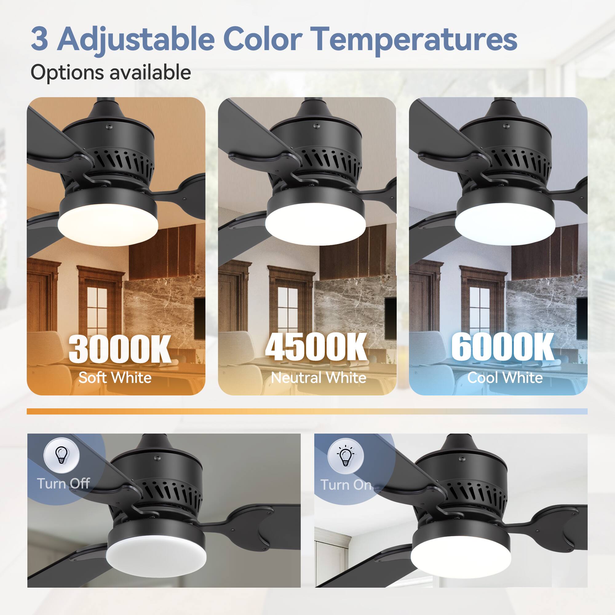 3 Adjustable Color Temperatures Options available
3000K Soft White
4500K Neutral White
6000K Cool White
Turn Off
Turn On