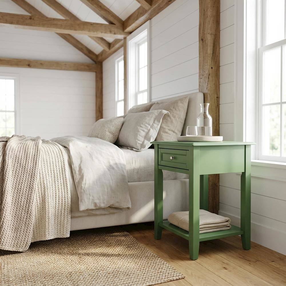 Alt View 2. FurniFact - Clover Green Nightstand with Wooden Drawer and Sturdy Construction for Bedroom - Clover Green.