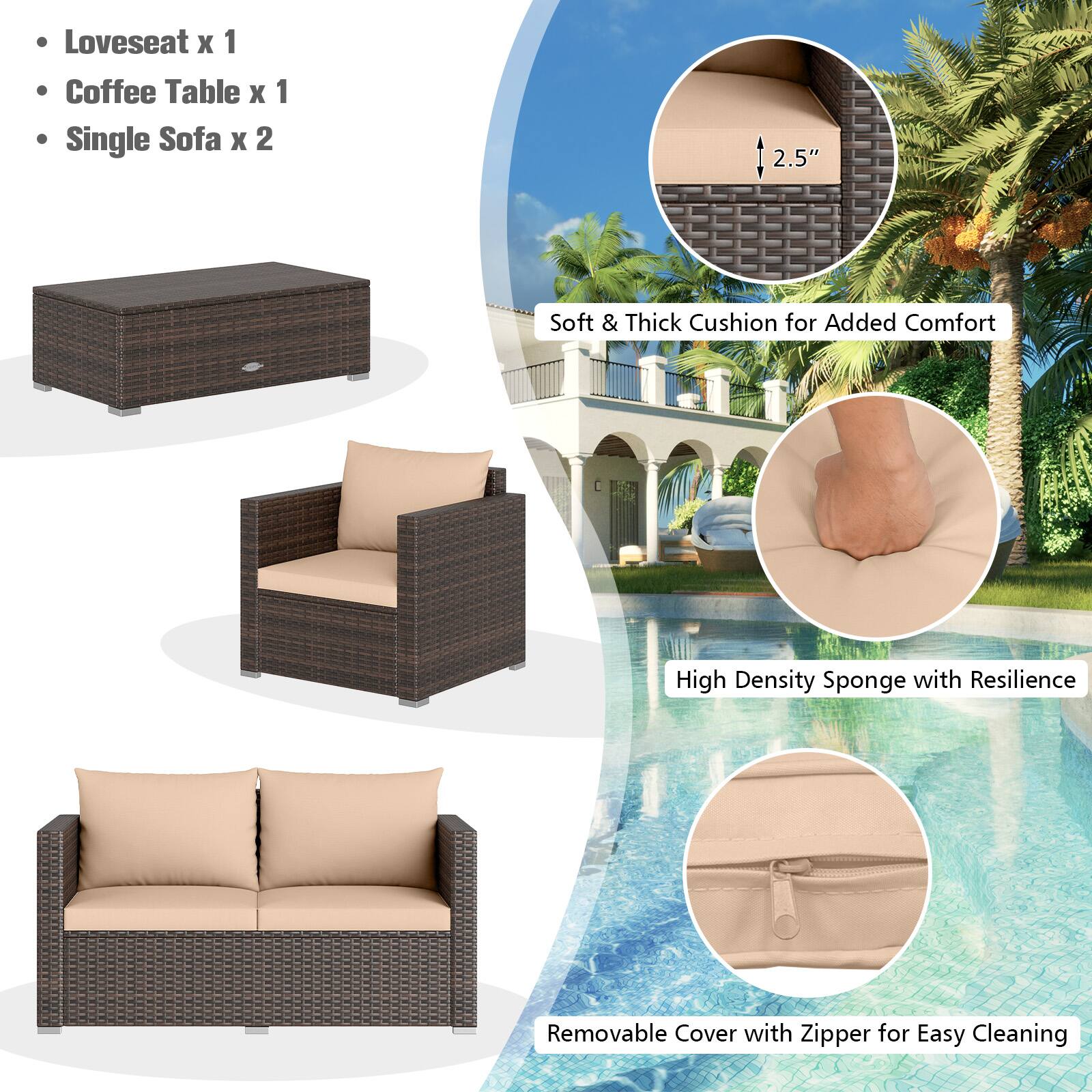 Loveseat x 1  
Coffee Table x 1  
Single Sofa x 2  

2.5"  
Soft & Thick Cushion for Added Comfort  
High Density Sponge with Resilience  
Removable Cover with Zipper for Easy Cleaning