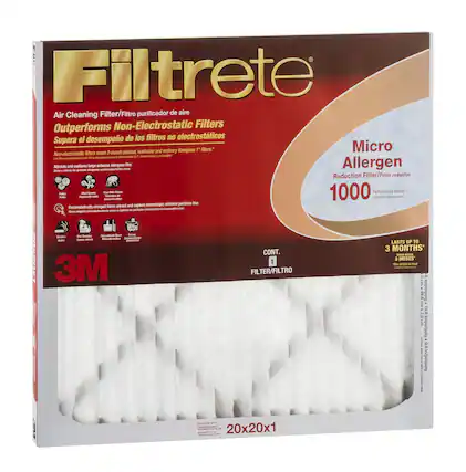 Filtrete Air Filter/Filtro purificador de aire Cleaning Outperforms Non-Electrostatic Filters el desempeño de los filtros no electrostáticos Supera washable and ordinary fiber glass 1 fiters. Micro Non-electrostatic Siters mean 3-month pleated, Sa - + 7 - - - - - - - - - - Ln - - Atac and - captures - - large aietoe -oportato alergens - Be: Allergen - - Reduction Filter/Filtre reductor - - - 1 - - - - - - - - - - 1000 Calfcacon Performance a Inenpe Futing micrescopic abore particies the Dectrostatiually charged Sers attract and captur - - - - - - Sader - - - - Copn - - - - 3M CONT. 1 FILTER/FILTRO LASTS UP 1O 3 MONTHS' - .... 3 MESES - - - - i a cm - KEF byndyod. cm 9.6 2.0 oyndyode - 8O in/po/pulg | - - - 20