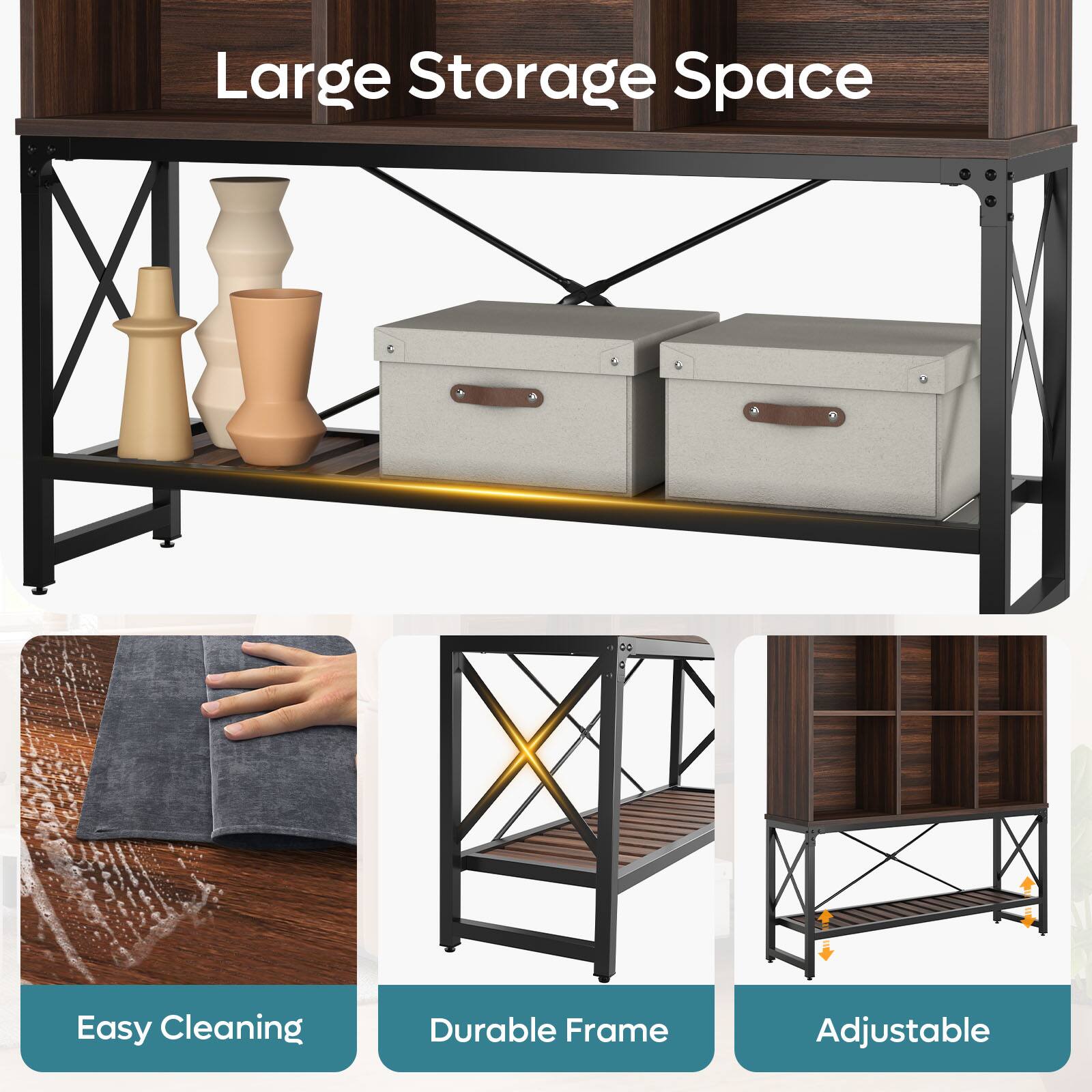 Large Storage Space, Easy Cleaning, Durable Frame, Adjustable