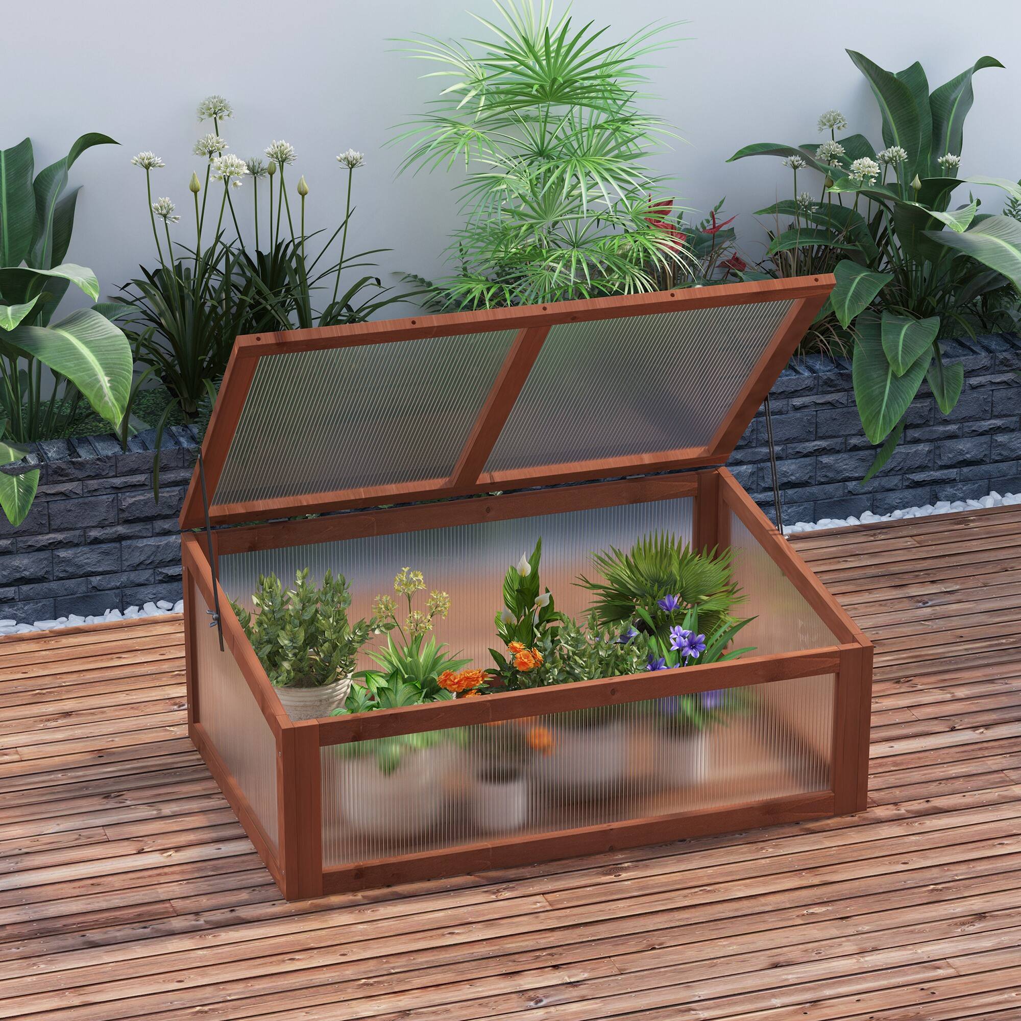 Alt View 1. Outsunny - Cold Frame Greenhouse, Mini Greenhouse with Polycarbonate Board and Solid Wood Frame - Brown.