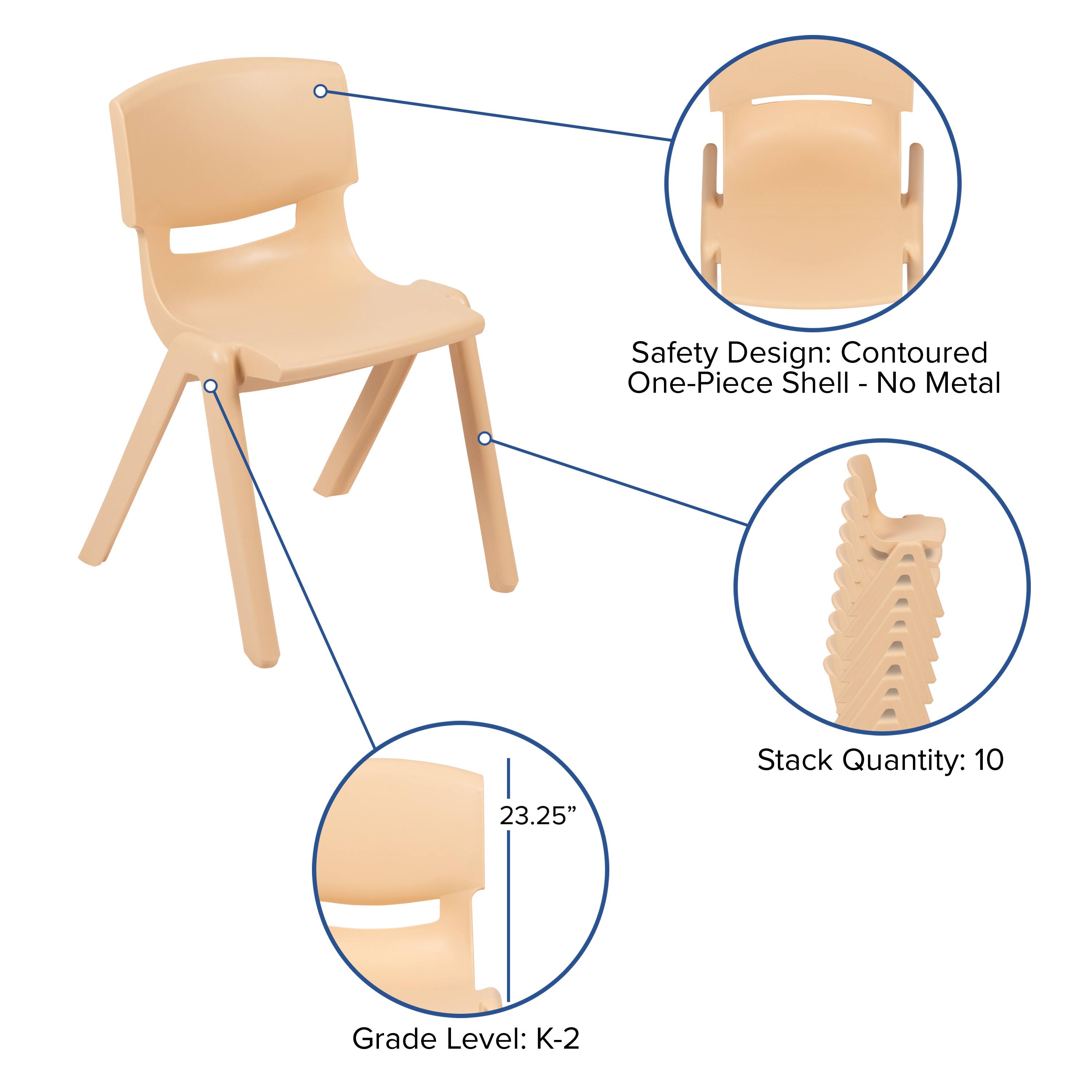 Safety Design: Contoured One-Piece Shell - No Metal  
Stack Quantity: 10  
Grade Level: K-2  
Height: 23.25"