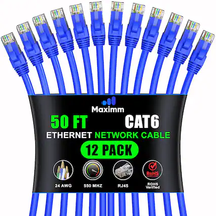 Maximm 50 FT CAT6 ETHERNET NETWORK CABLE 12 PACK
RoHS COMPLIANT
24 AWG
550 MHZ
RJ45
ROHS Verified