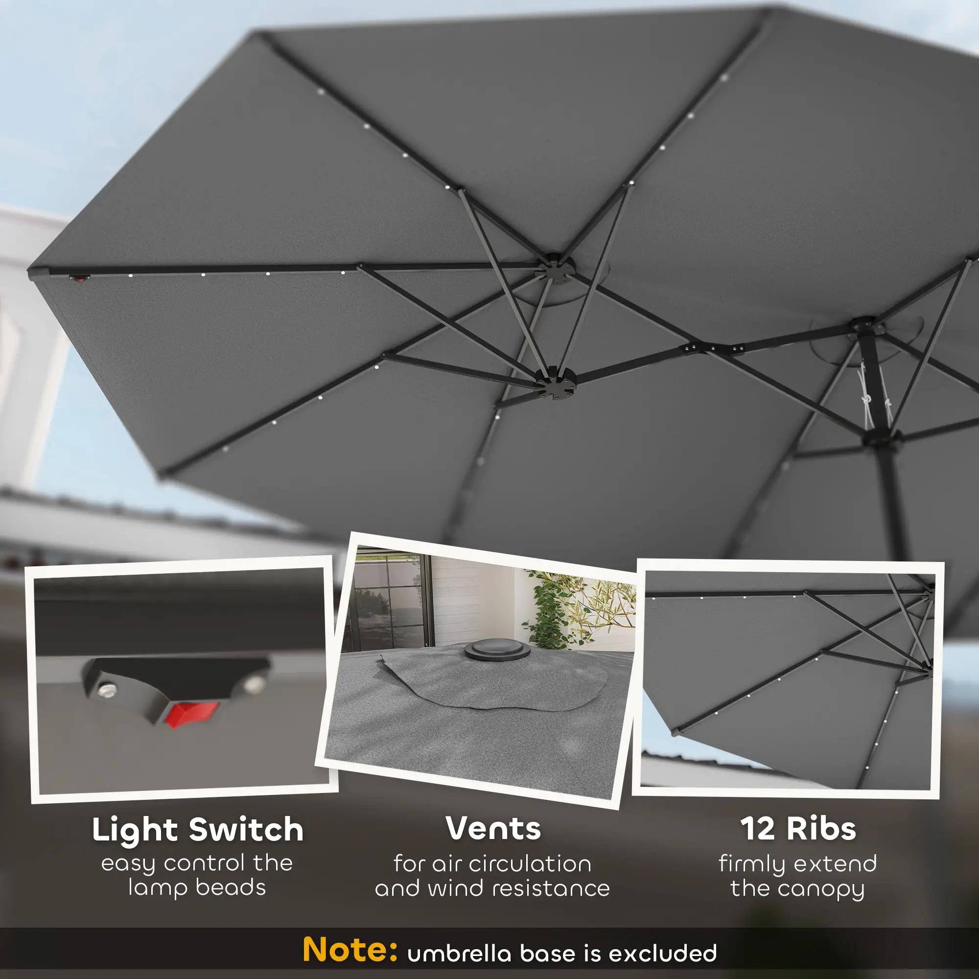- Light Switch: easy control the lamp beads
- Vents: for air circulation and wind resistance
- 12 Ribs: firmly extend the canopy
- Note: umbrella base is excluded