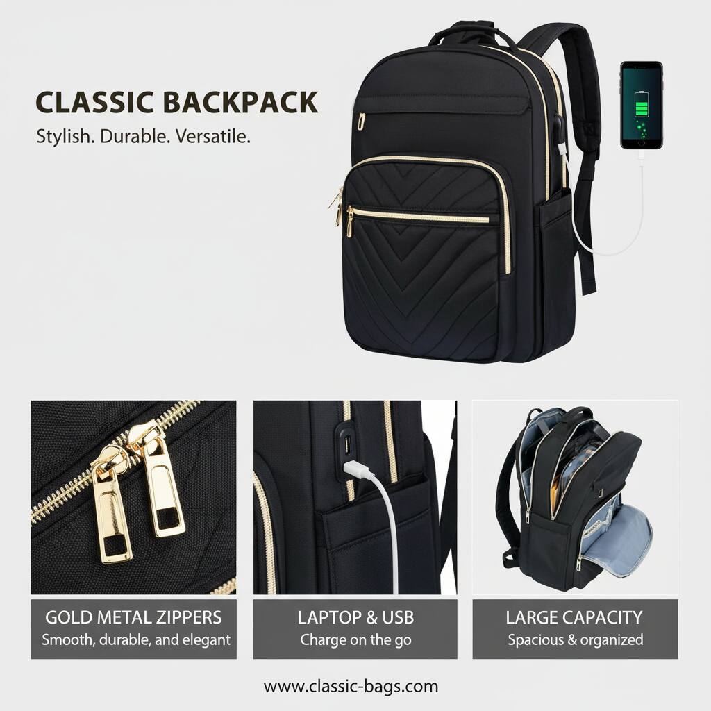 CLASSIC BACKPACK  
Stylish. Durable. Versatile.  

GOLD METAL ZIPPERS  
Smooth, durable, and elegant  

LAPTOP & USB  
Charge on the go  

LARGE CAPACITY  
Spacious & organized  

www.classic-bags.com