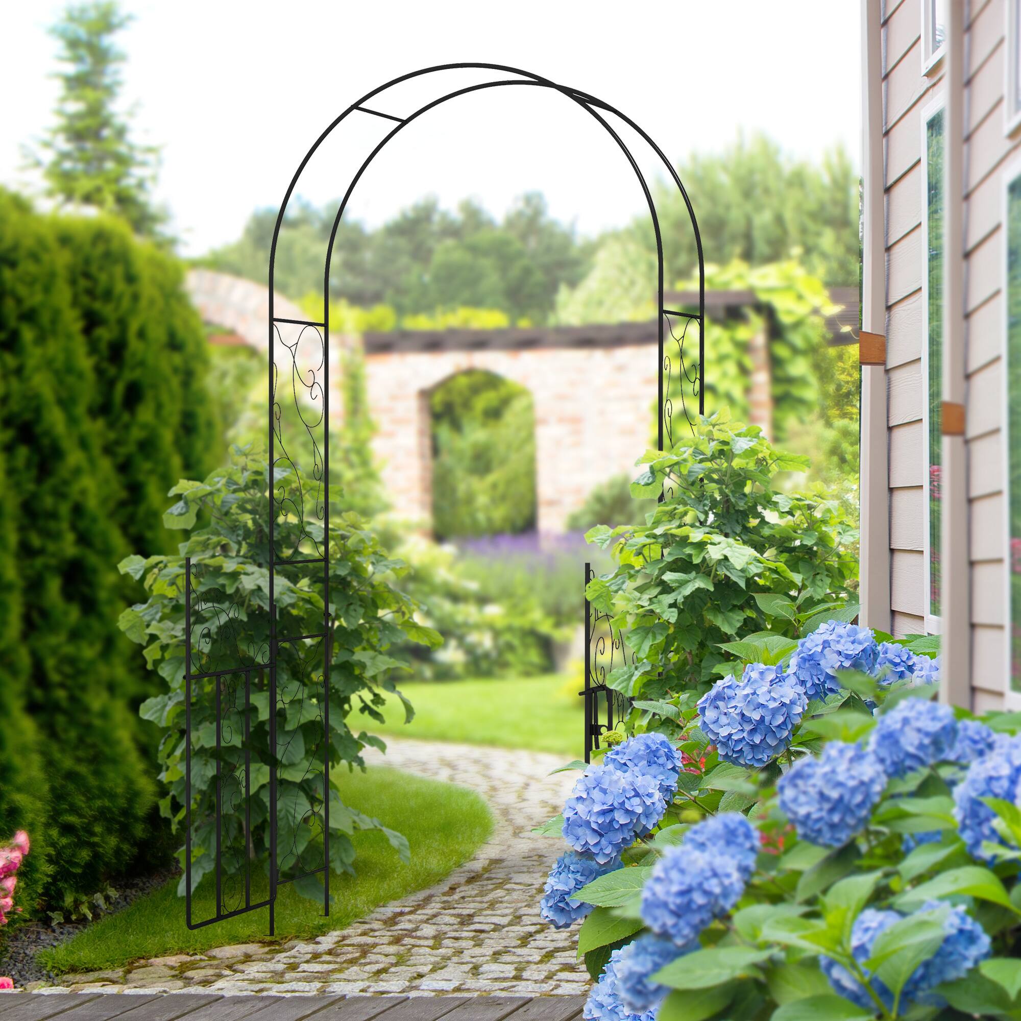 Angle. Outsunny - 7.5' Metal Garden Arch with Gate, Garden Arbor Trellis for Climbing Plants, Roses, Vines, Wedding Arch - Black.