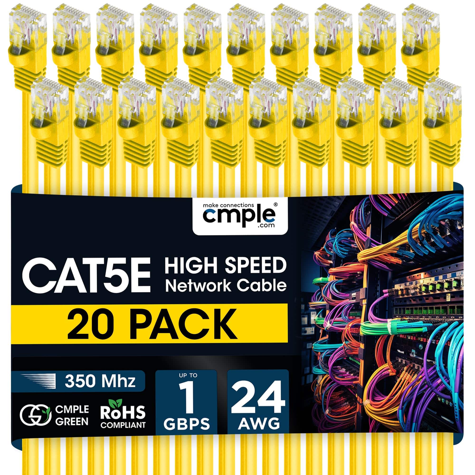 Cmple.com - Cmple - 20 Pack Cat5e Ethernet Cable 1.5ft Internet Patch Cord, RJ45, 1 Gigabit Router Cables 350Mhz LAN Wire - Yellow