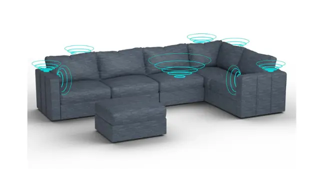 Front. Lovesac - 6 Seats + 8 Sides Vintage Blue Rained Chenille & Lovesoft with 6 Speaker Immersive Sound + Charge System - Vintage Blue.