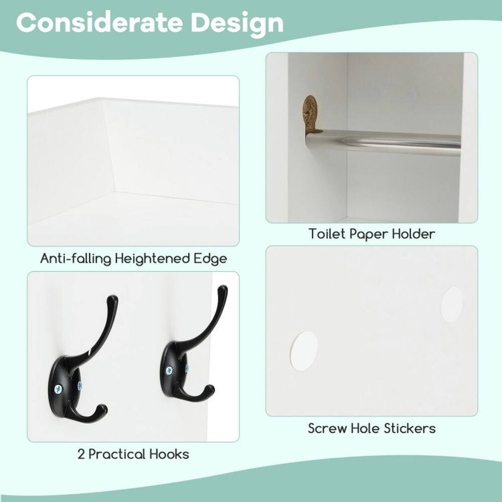 Considerate Design

- Anti-falling Heightened Edge
- Toilet Paper Holder
- 2 Practical Hooks
- Screw Hole Stickers