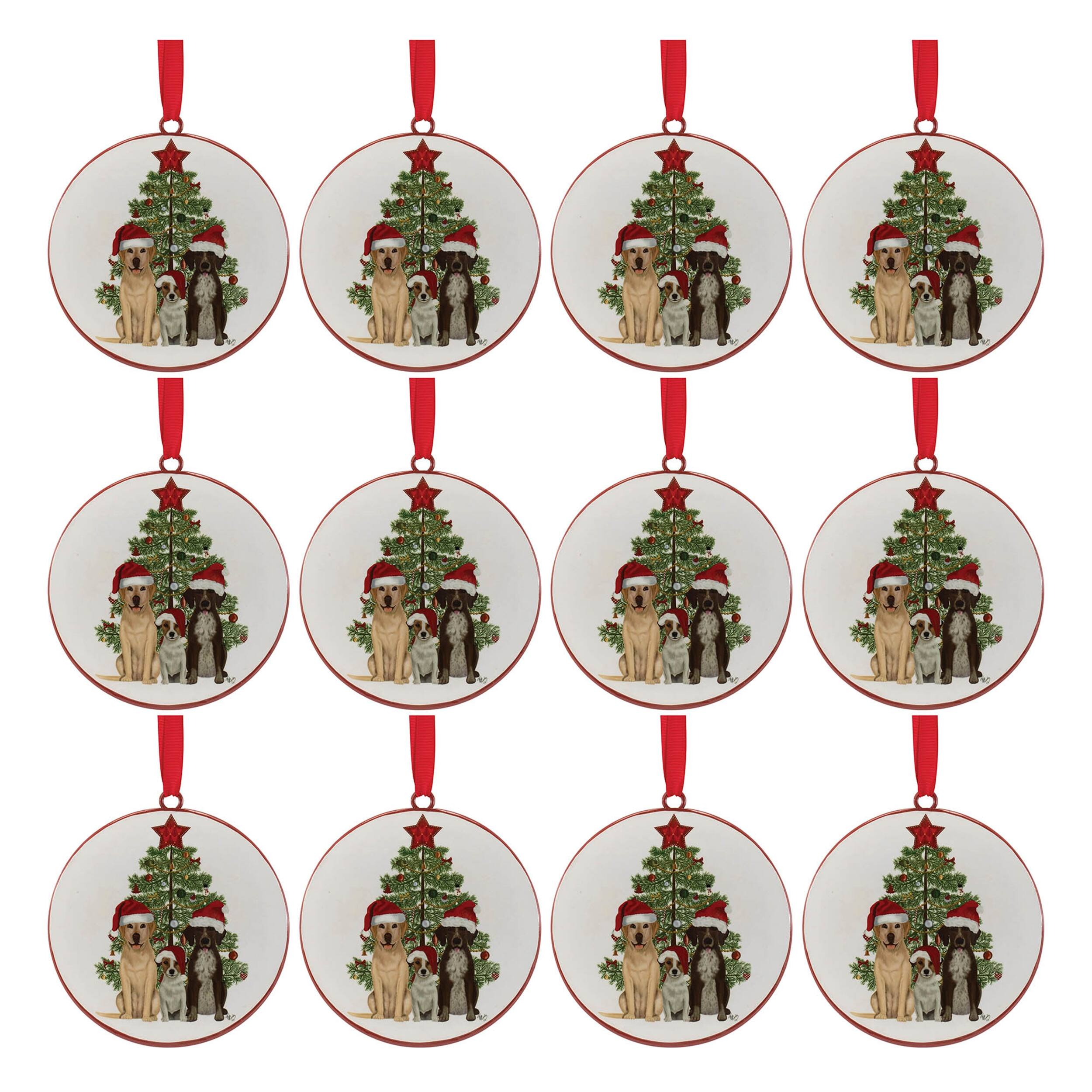 Alt View 2. BreeBe - Dogs and Christmas Tree Disc Ornament (Set of 12) - White, Green, Brown.