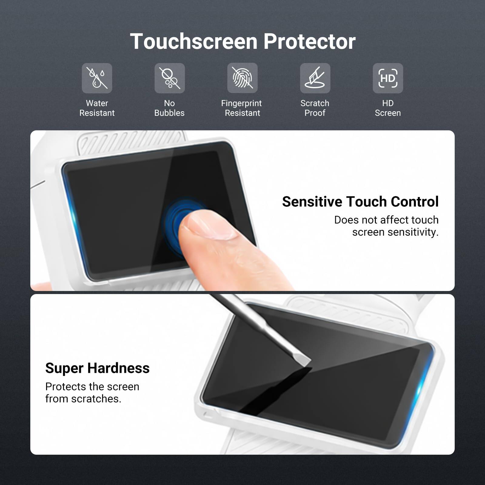 Touchscreen Protector

- Water Resistant
- No Bubbles
- Fingerprint Resistant
- Scratch Proof
- HD Screen

Sensitive Touch Control
Does not affect touch screen sensitivity.

Super Hardness
Protects the screen from scratches.