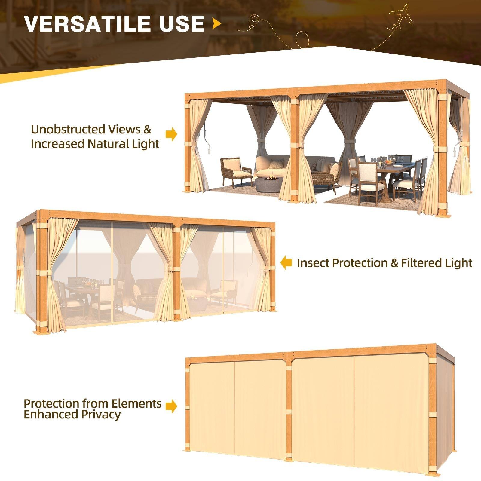 VERSATILE USE

- Unobstructed Views & Increased Natural Light
- Insect Protection & Filtered Light
- Protection from Elements & Enhanced Privacy