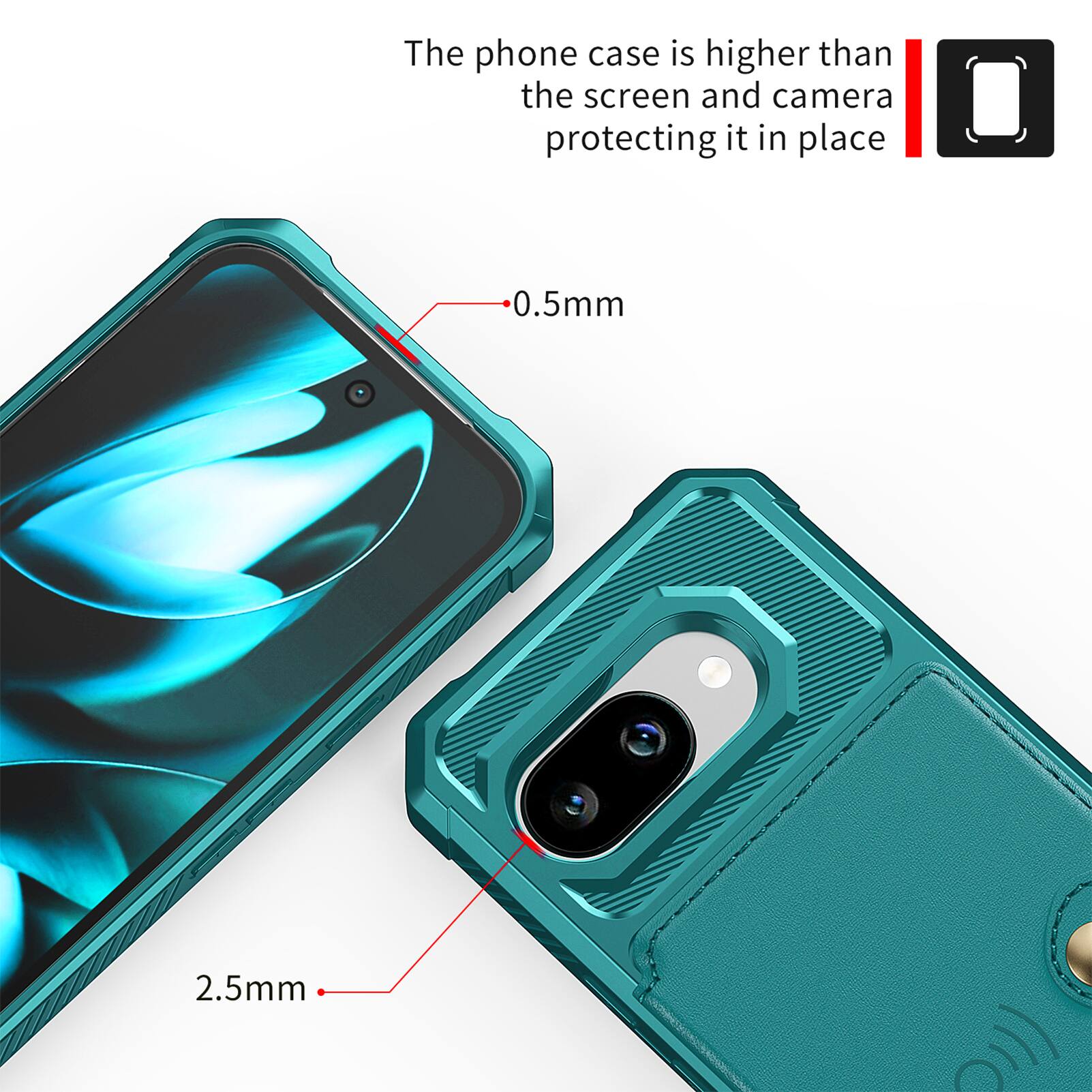 The phone case is higher than the screen and camera, protecting it in place.  
0.5mm  
2.5mm