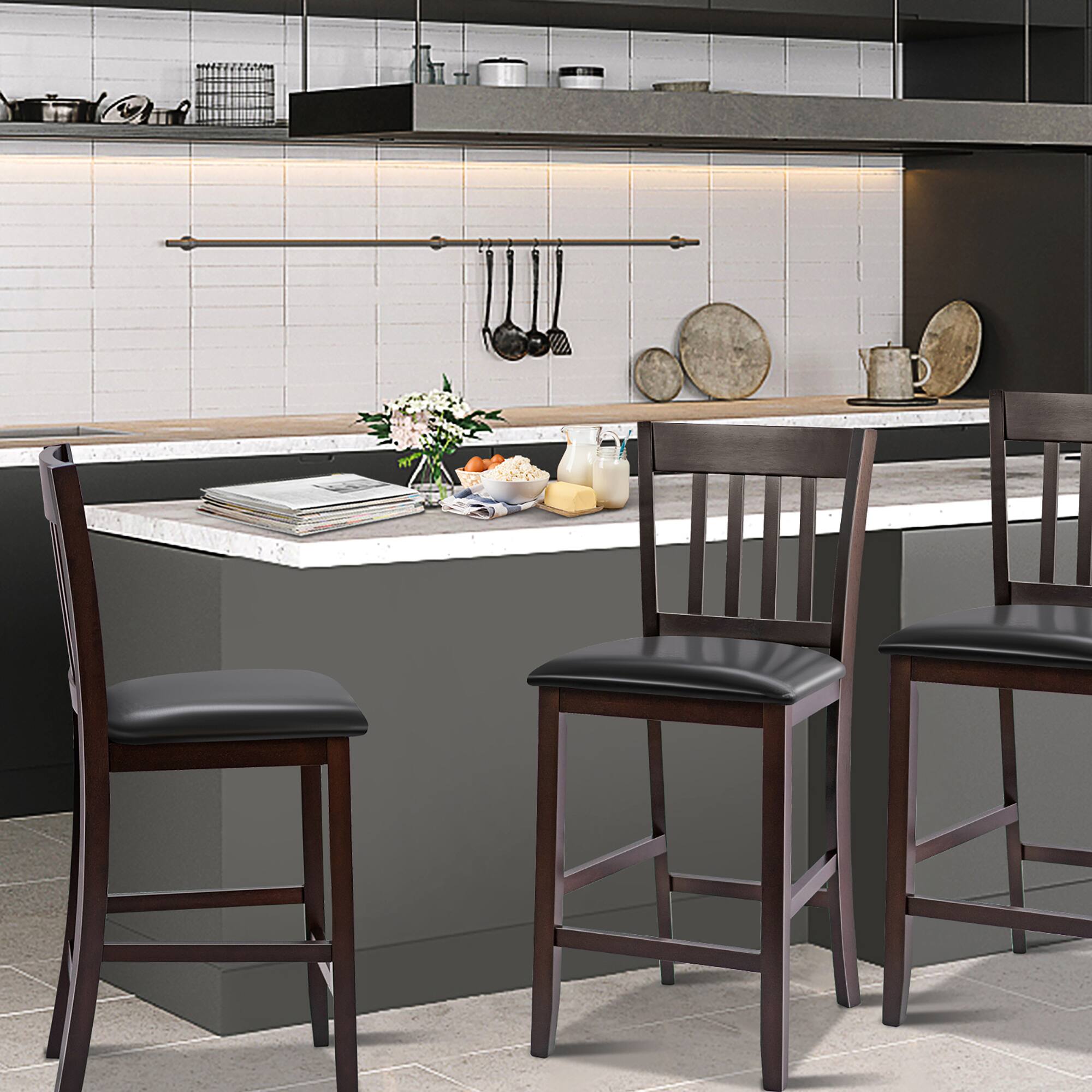 Alt View 1. Costway - Costway Set of 2 Bar Stools Counter Height Chairs w/ PU Leather Seat - Dark Espresso,Black.