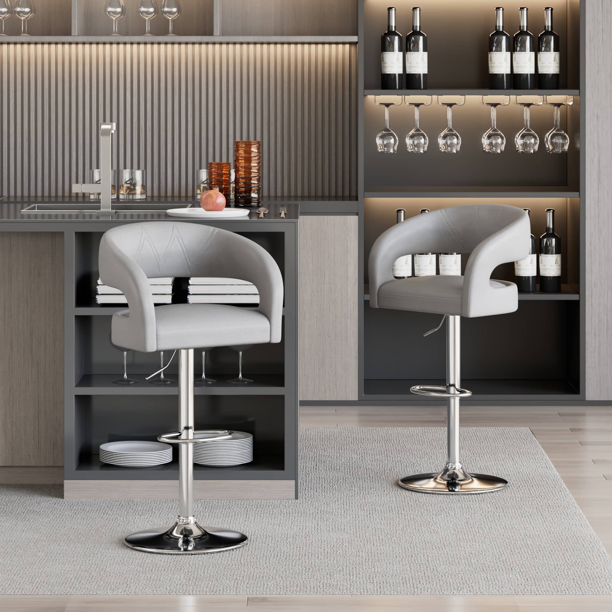 Front. Vecelo - Set of 2 PU Leather  Bar Stools with Adjustable Height ,360° Rotation, 330lb Capacity for Kitchen Island & Cafe - Light Grey.