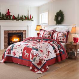 MarCielo - 2/3 PCS Vintage Christmas Stockings Polyester Quilt Set Reversible Holiday Bedspread - Red