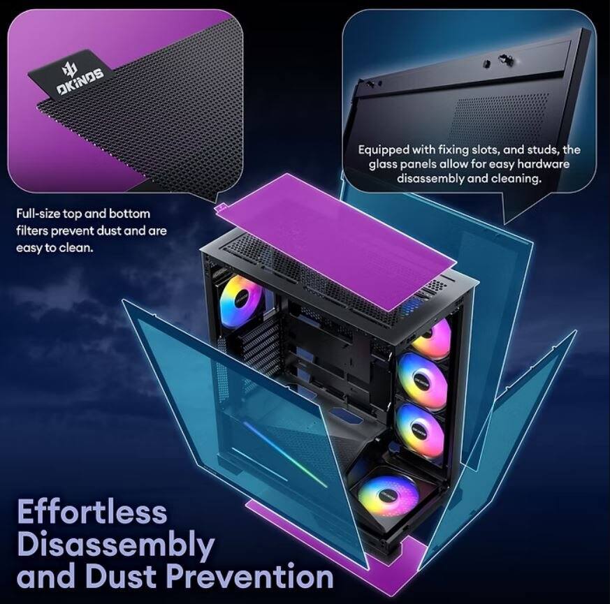 Effortless Disassembly and Dust Prevention

Full-size top and bottom filters prevent dust and are easy to clean.

Equipped with fixing slots, and studs, the glass panels allow for easy hardware disassembly and cleaning.