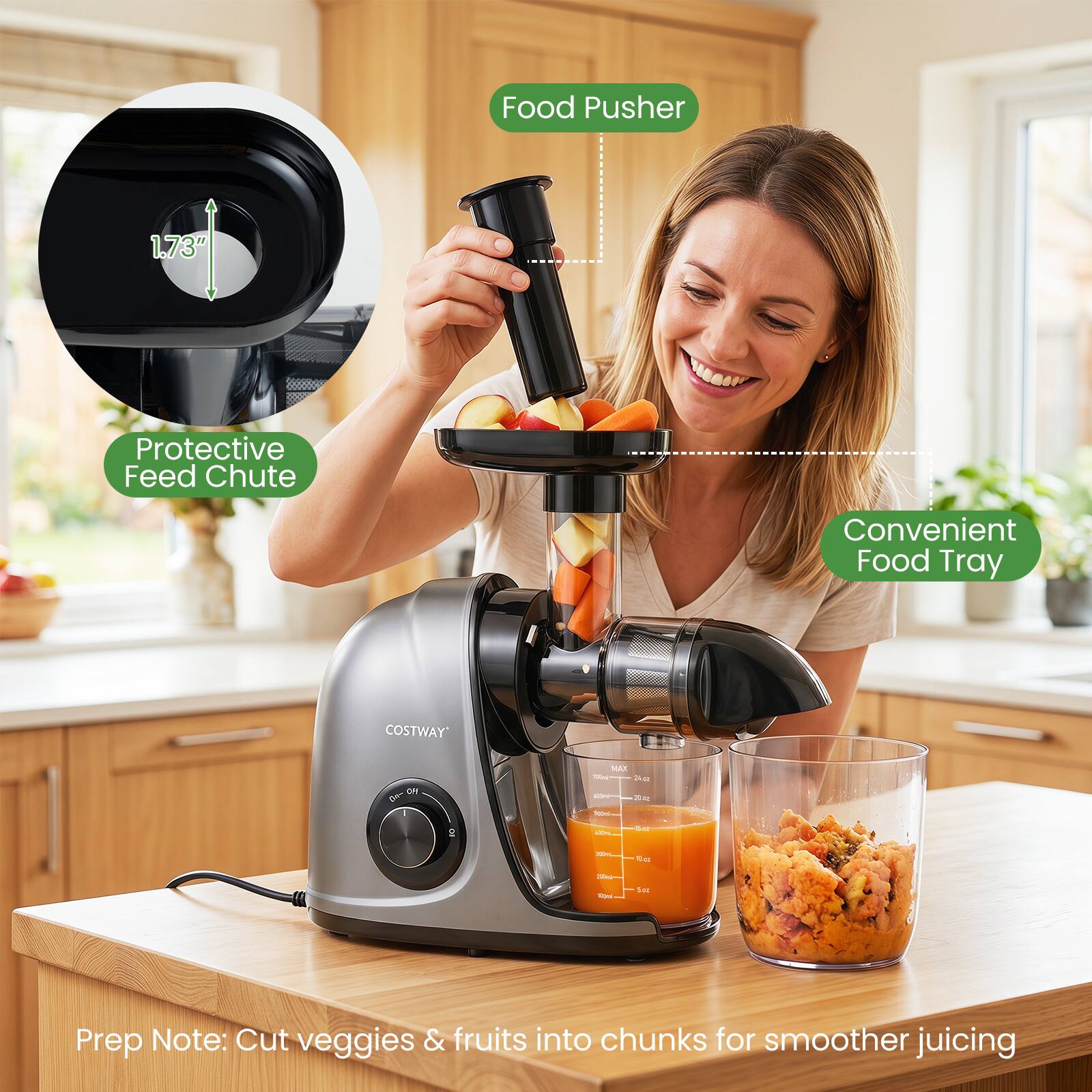 Food Pusher 1.73" Protective Feed Chute Convenient Food Tray COSTWAY

Prep Note: Cut veggies & fruits into chunks for smoother juicing